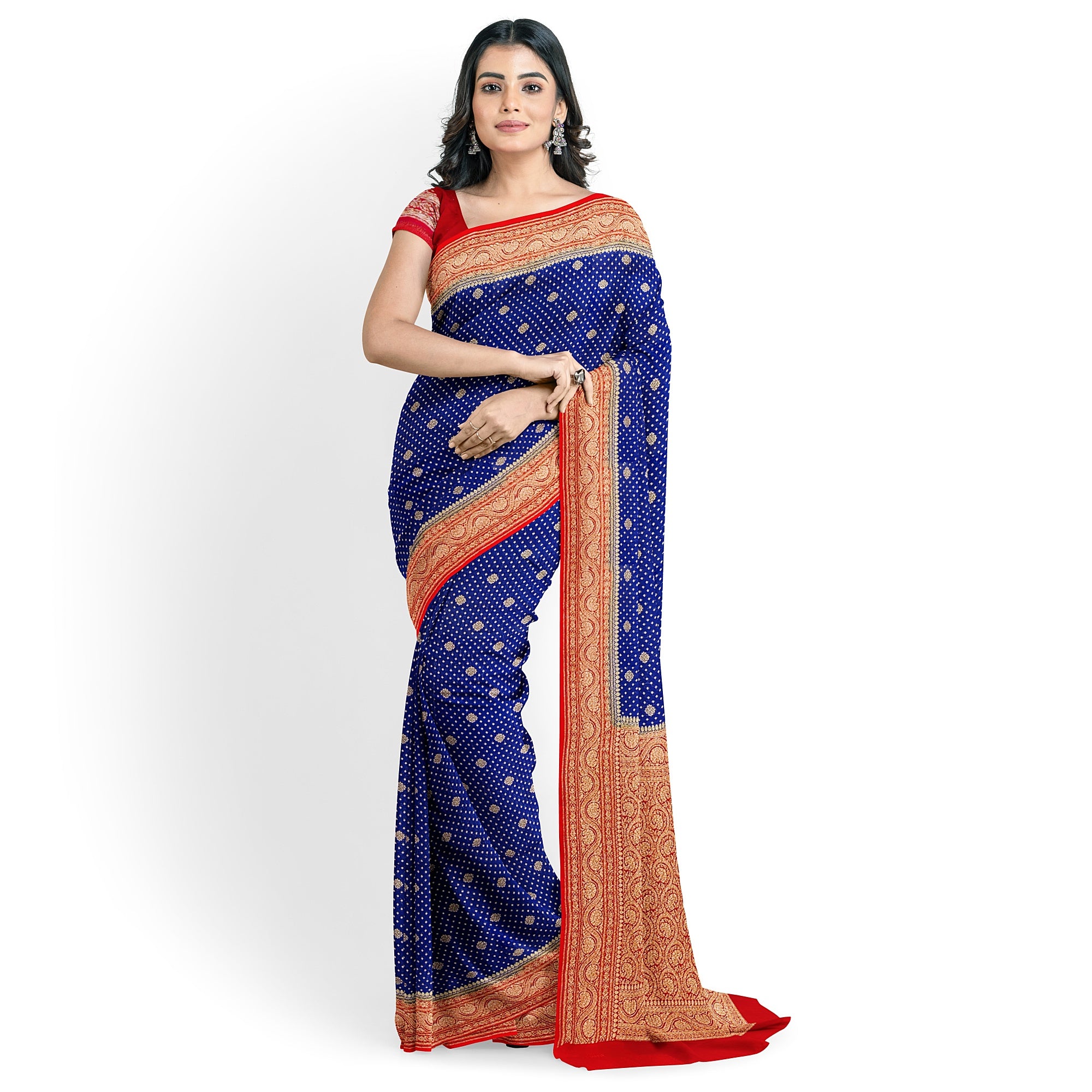 Navy Blue Pure Georgette Silk Saree with Red Zari Accents – Elegant Traditional Saree for Weddings Online - New Sudarshan Silks`