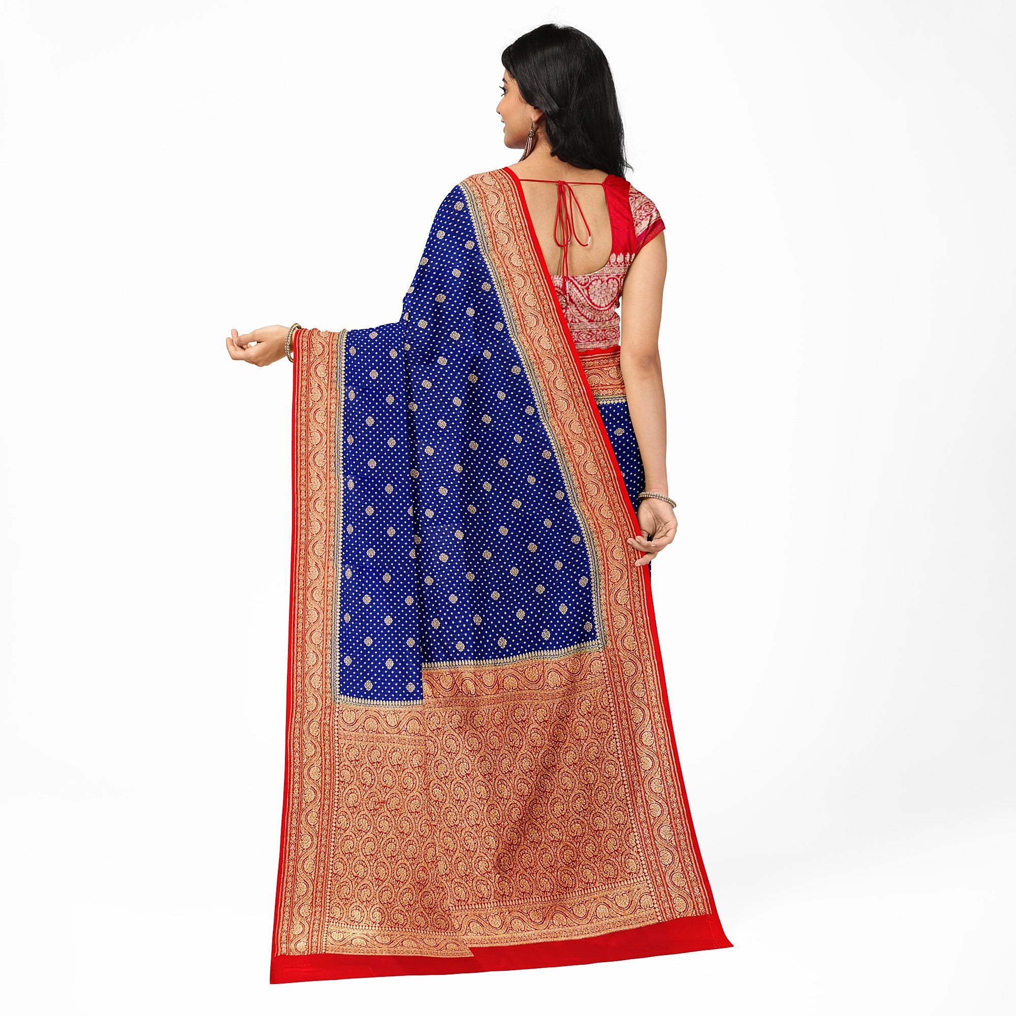 Navy Blue Pure Georgette Silk Saree with Red Zari Accents – Elegant Traditional Saree for Weddings Online - New Sudarshan Silks`