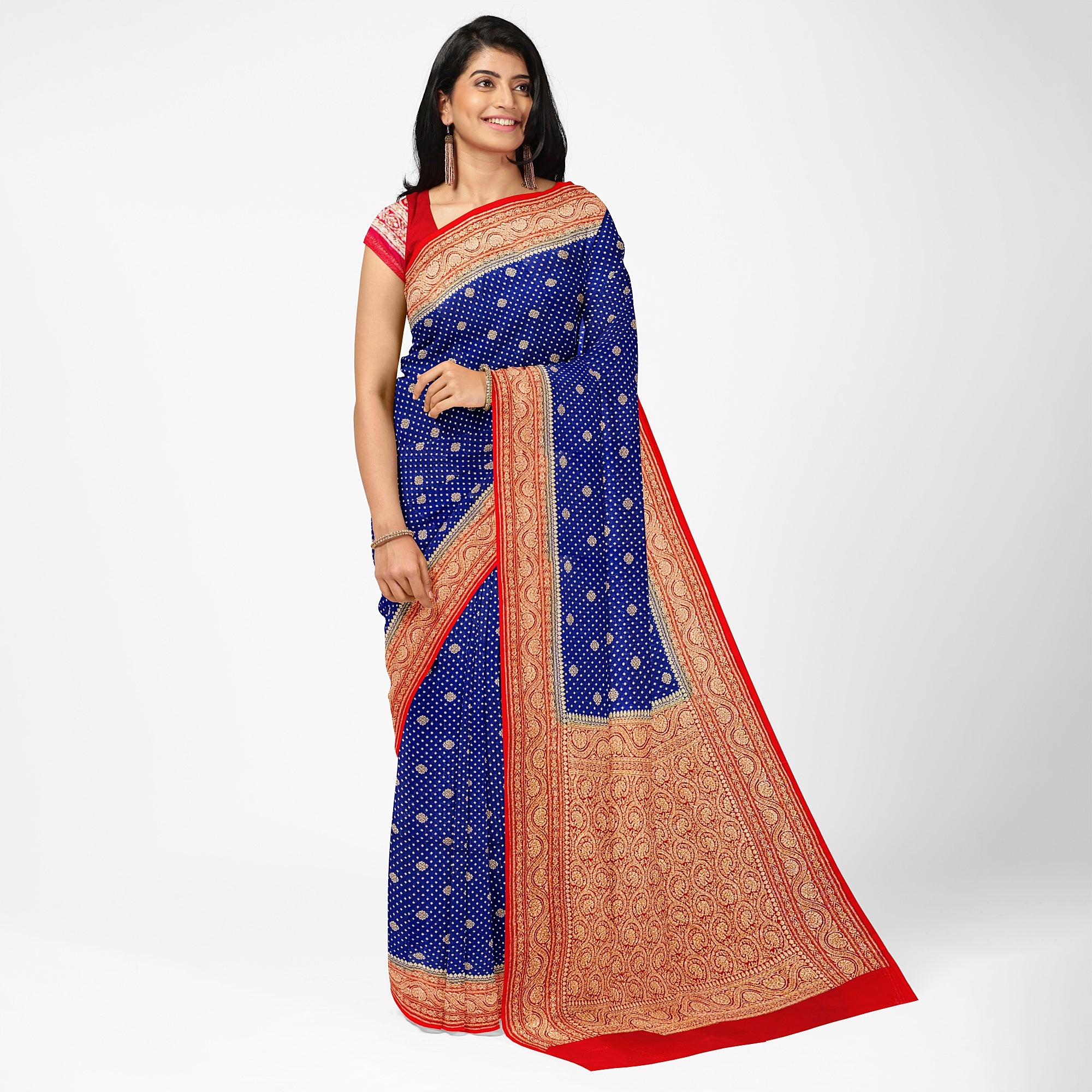 Navy Blue Pure Georgette Silk Saree with Red Zari Accents – Elegant Traditional Saree for Weddings Online - New Sudarshan Silks`