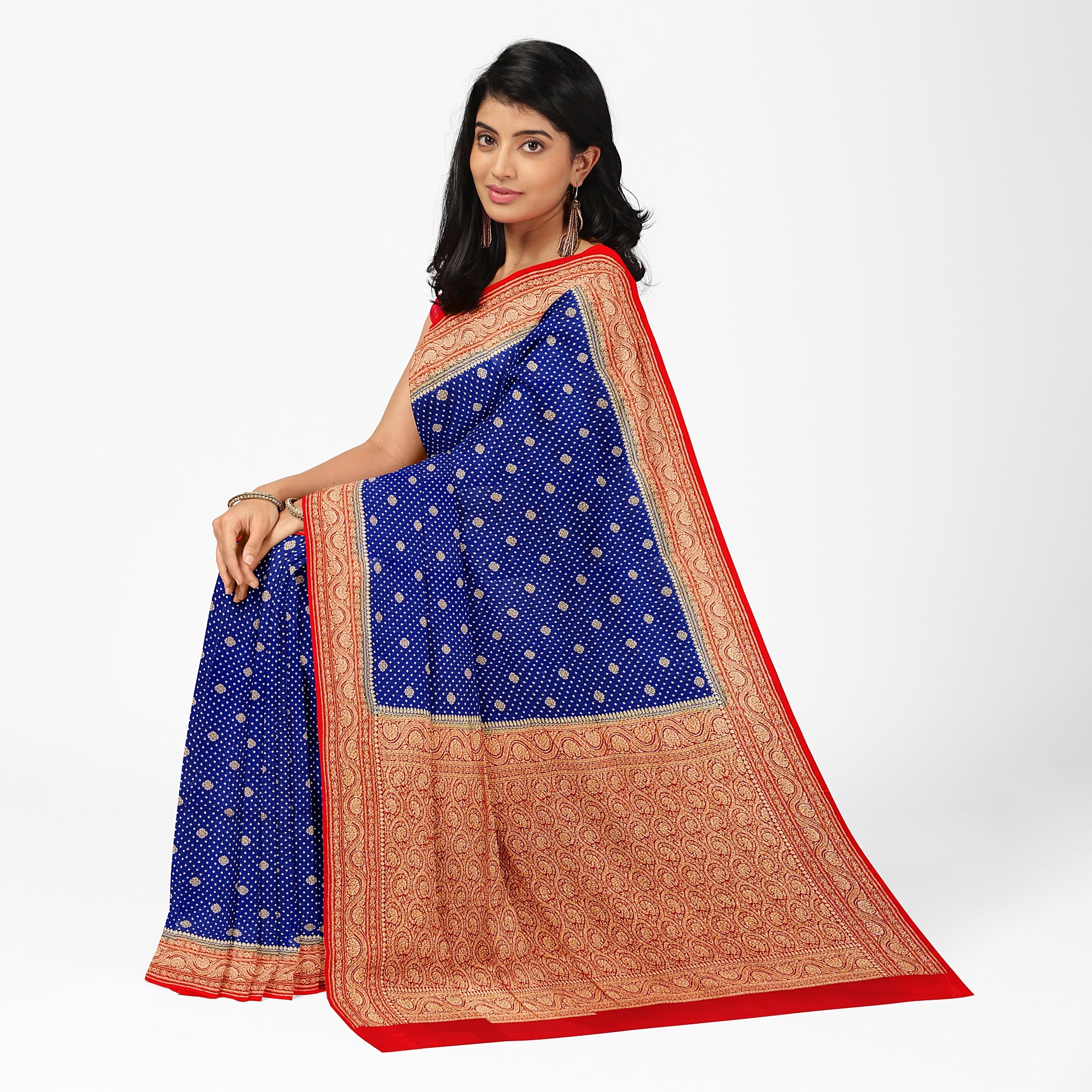 Navy Blue Pure Georgette Silk Saree with Red Zari Accents – Elegant Traditional Saree for Weddings Online - New Sudarshan Silks`