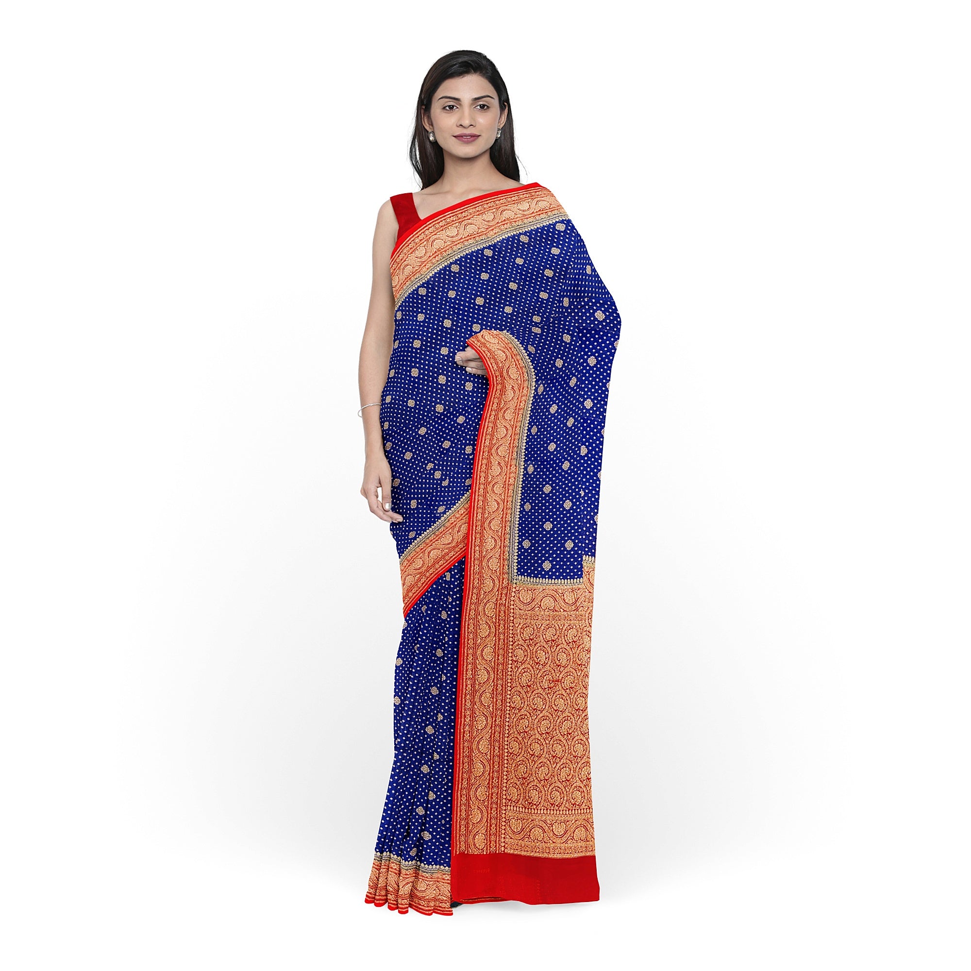 Navy Blue Pure Georgette Silk Saree with Red Zari Accents – Elegant Traditional Saree for Weddings Online - New Sudarshan Silks`