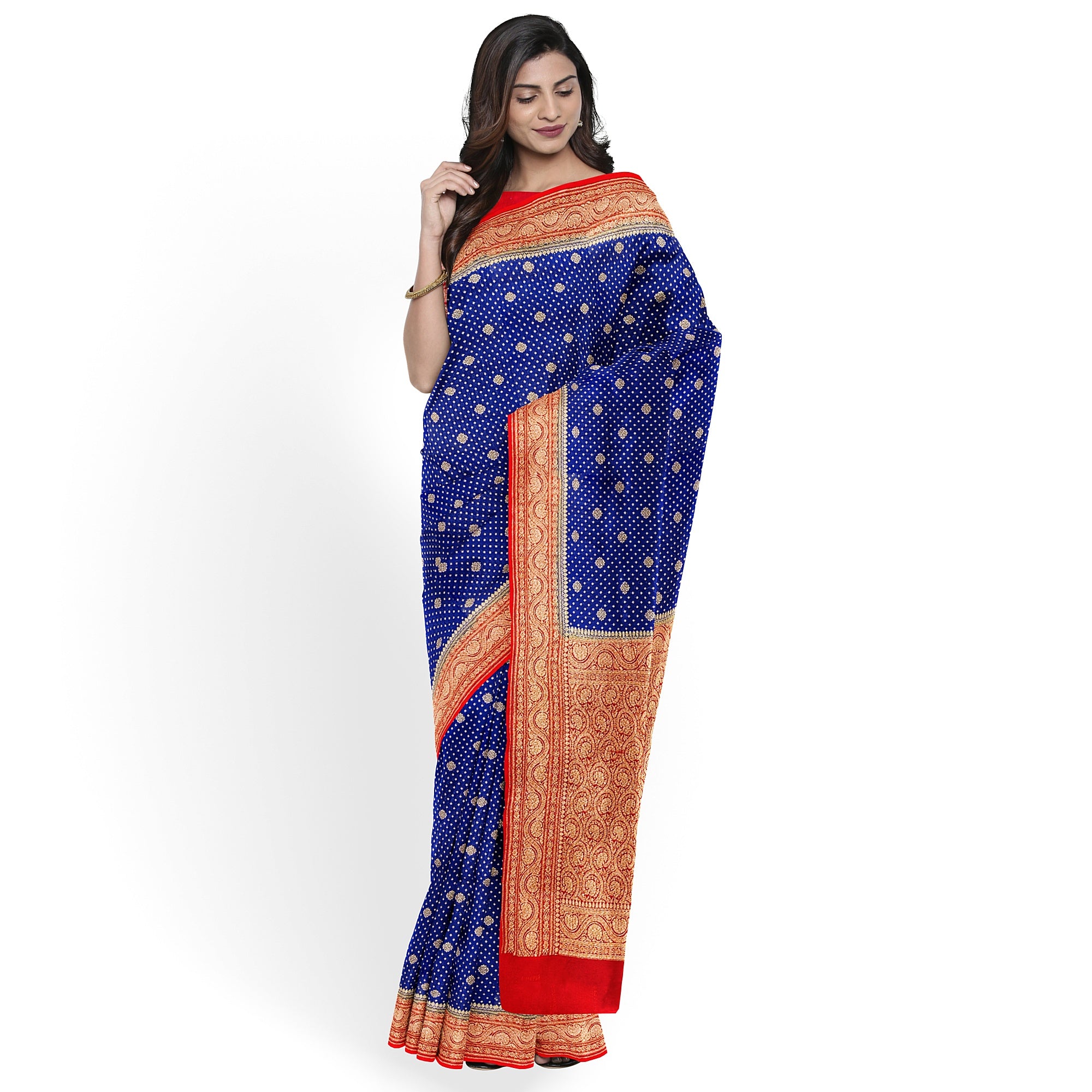 Navy Blue Pure Georgette Silk Saree with Red Zari Accents – Elegant Traditional Saree for Weddings Online - New Sudarshan Silks`
