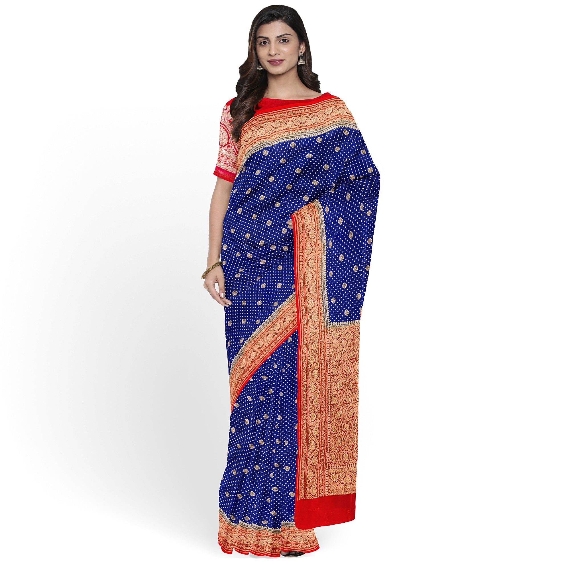 Navy Blue Pure Georgette Silk Saree with Red Zari Accents – Elegant Traditional Saree for Weddings Online - New Sudarshan Silks`
