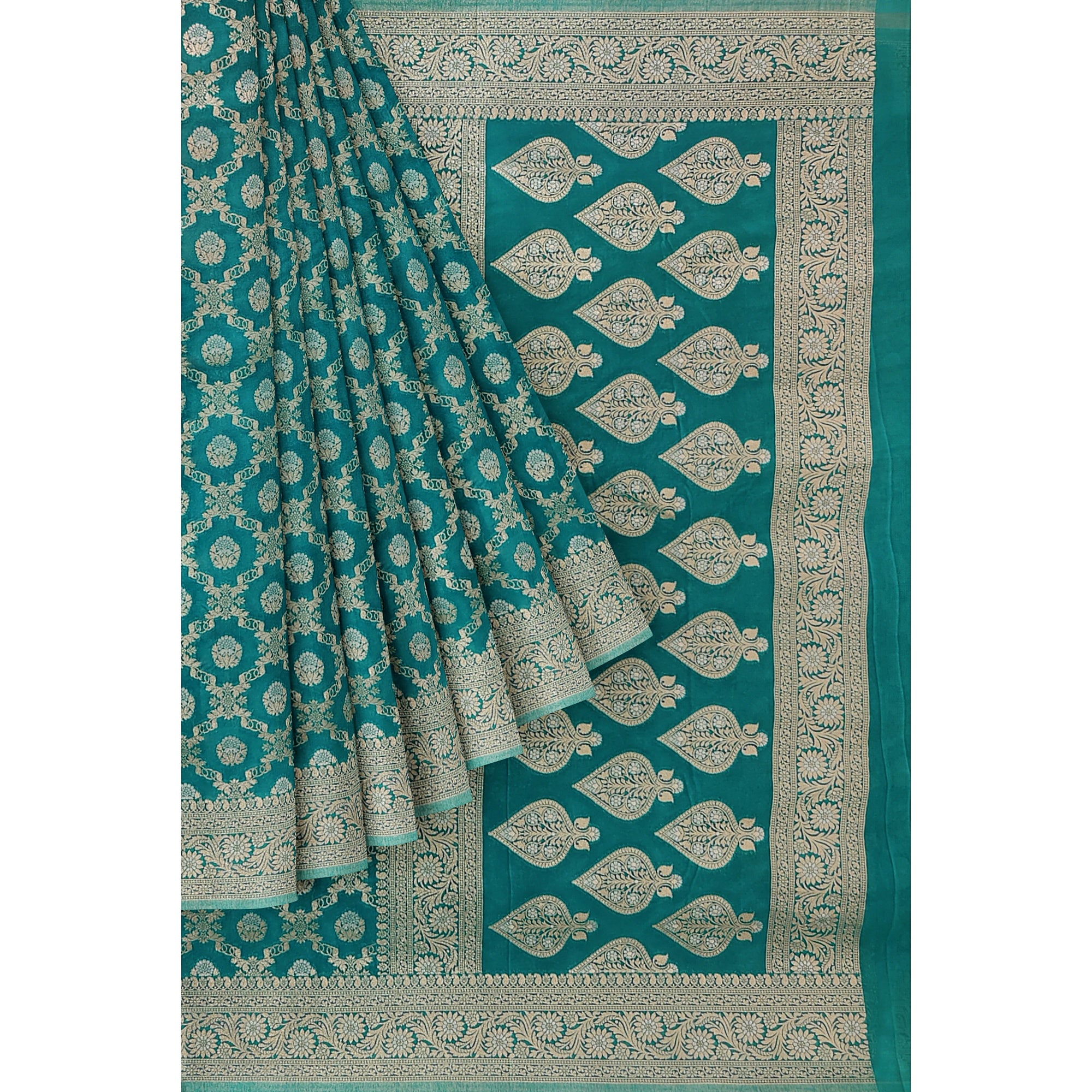 Rama Green Semi Georgette Silk Saree with Zari Border – Elegant Lightweight Saree for Festive Wear Online - New Sudarshan Silks`