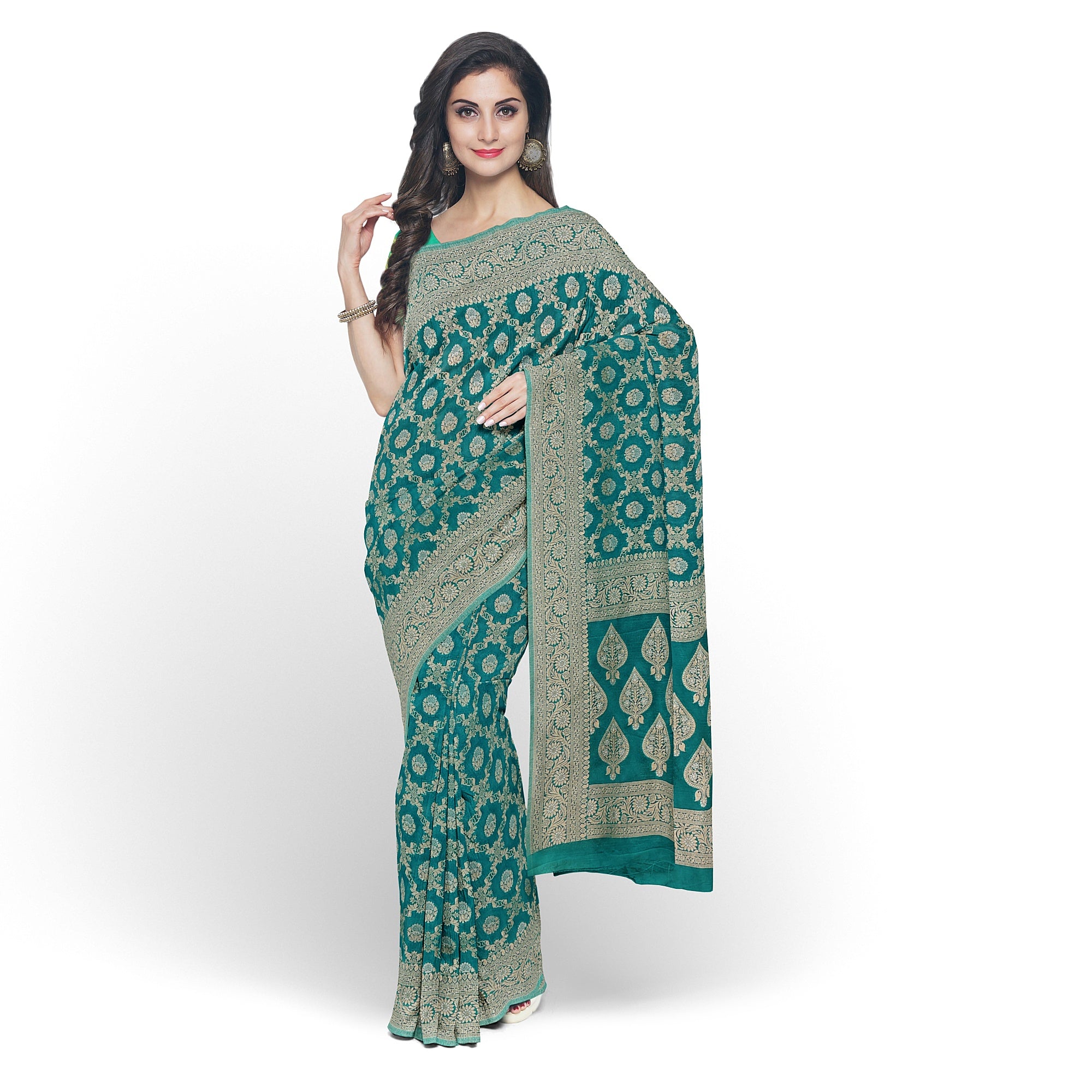 Rama Green Semi Georgette Silk Saree with Zari Border – Elegant Lightweight Saree for Festive Wear Online - New Sudarshan Silks`