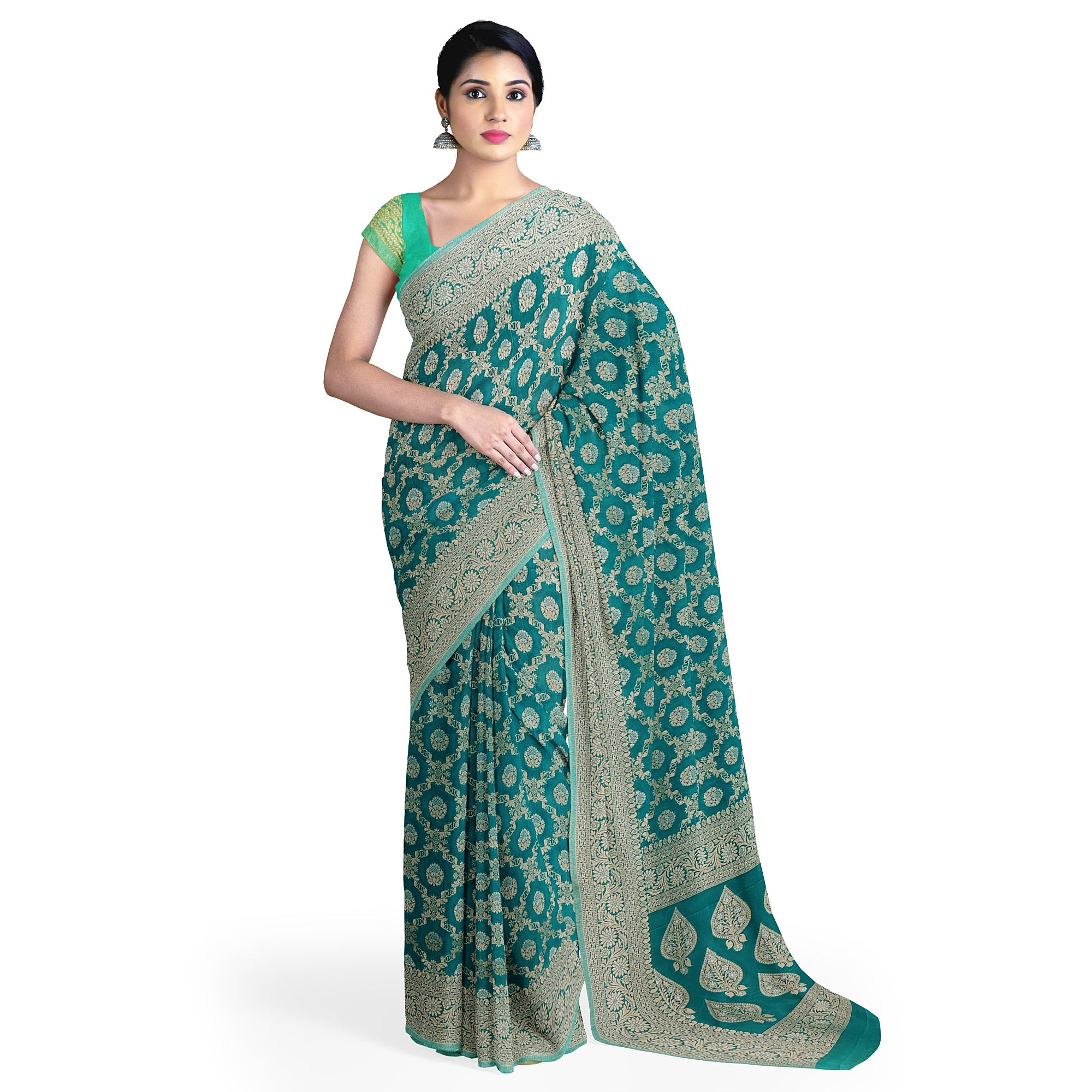 Rama Green Semi Georgette Silk Saree with Zari Border – Elegant Lightweight Saree for Festive Wear Online - New Sudarshan Silks`
