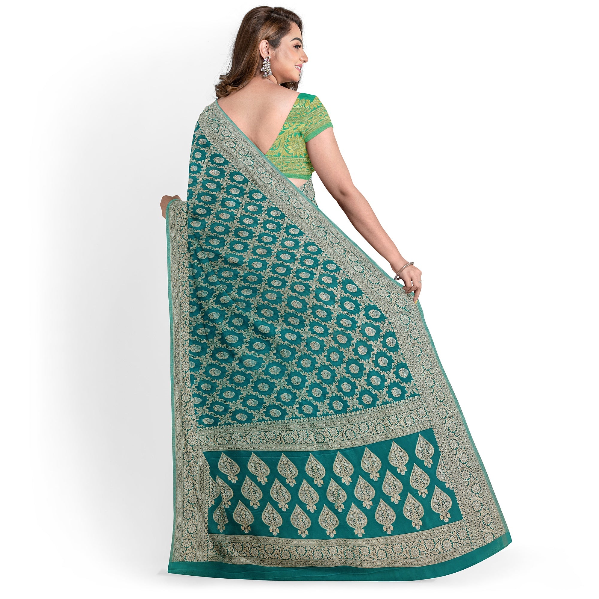 Rama Green Semi Georgette Silk Saree with Zari Border – Elegant Lightweight Saree for Festive Wear Online - New Sudarshan Silks`