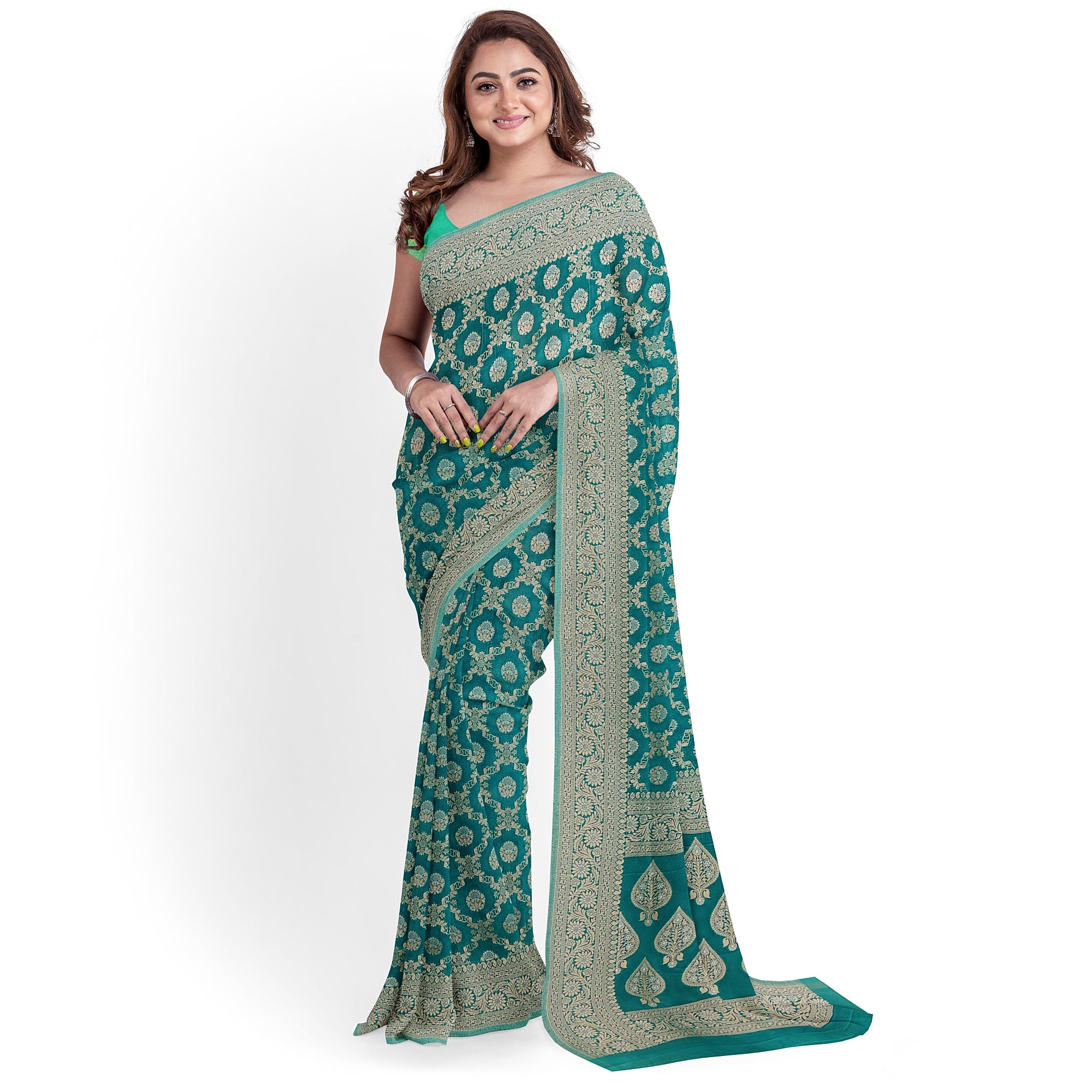 Rama Green Semi Georgette Silk Saree with Zari Border – Elegant Lightweight Saree for Festive Wear Online - New Sudarshan Silks`