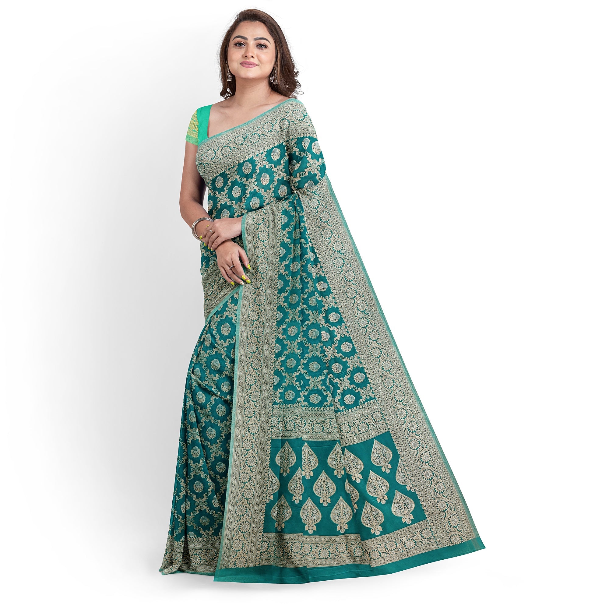 Rama Green Semi Georgette Silk Saree with Zari Border – Elegant Lightweight Saree for Festive Wear Online - New Sudarshan Silks`