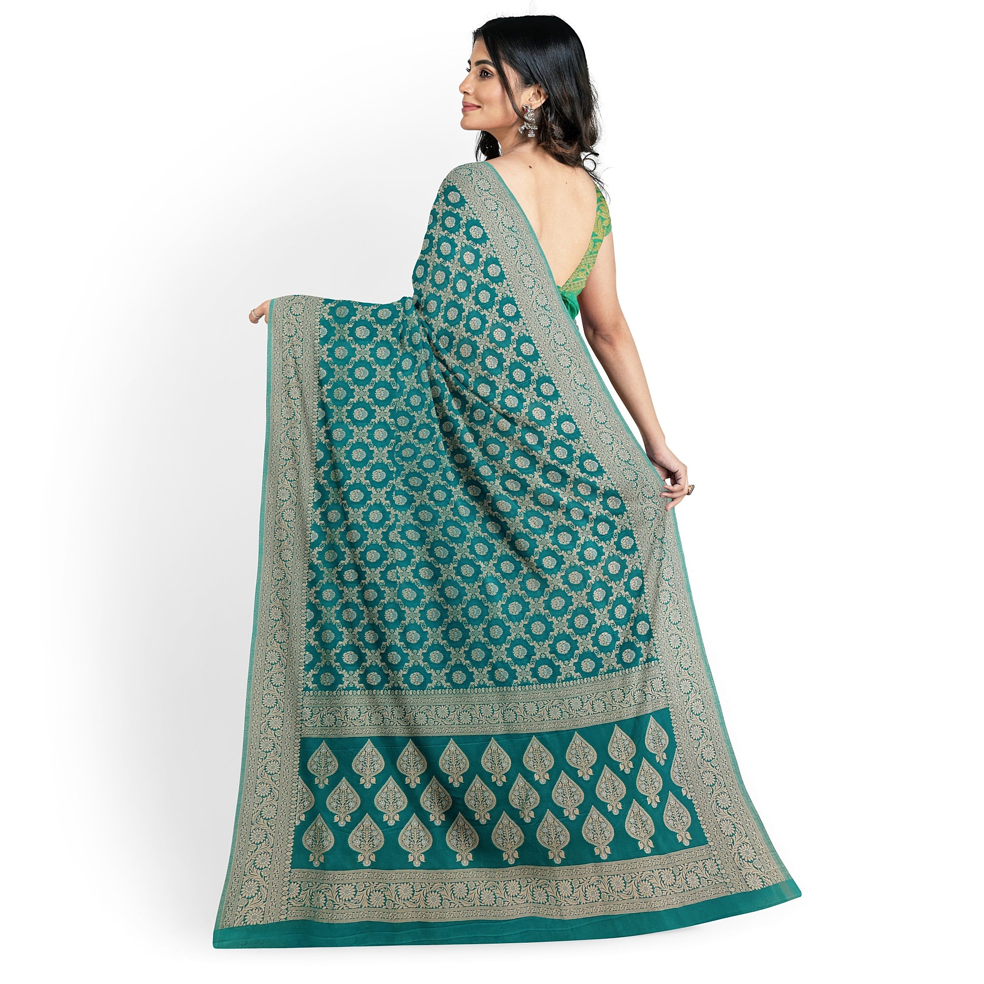 Rama Green Semi Georgette Silk Saree with Zari Border – Elegant Lightweight Saree for Festive Wear Online - New Sudarshan Silks`