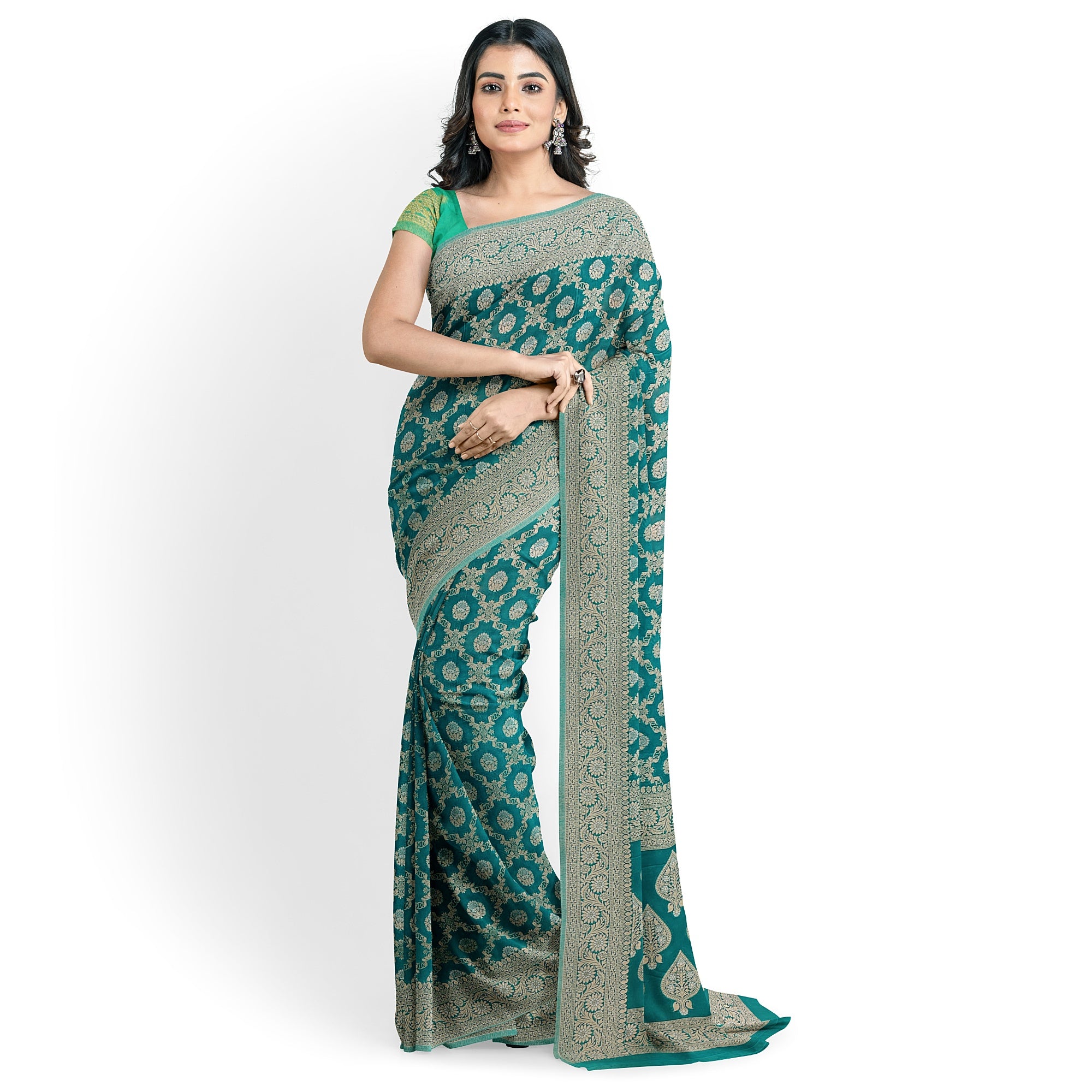 Rama Green Semi Georgette Silk Saree with Zari Border – Elegant Lightweight Saree for Festive Wear Online - New Sudarshan Silks`