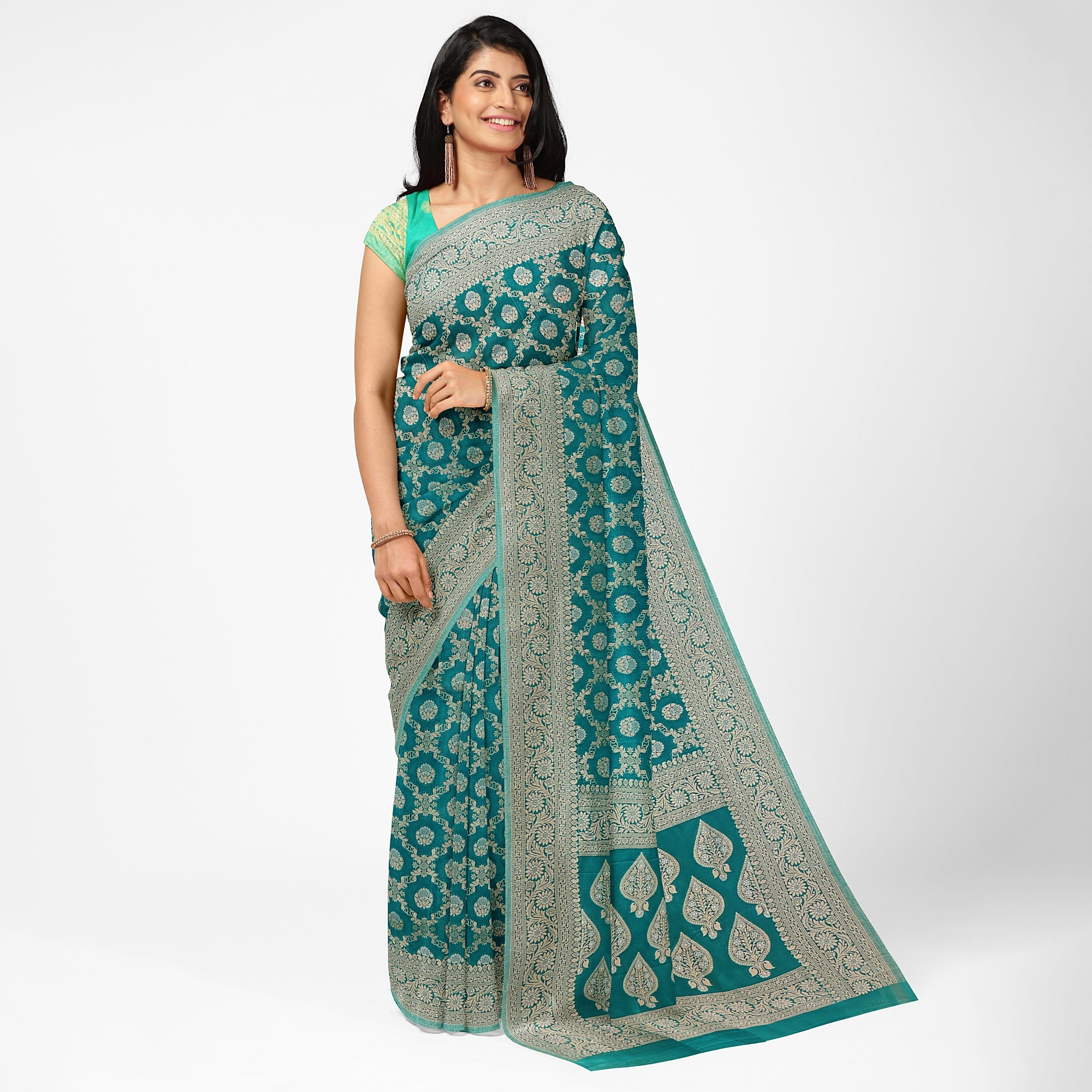 Rama Green Semi Georgette Silk Saree with Zari Border – Elegant Lightweight Saree for Festive Wear Online - New Sudarshan Silks`