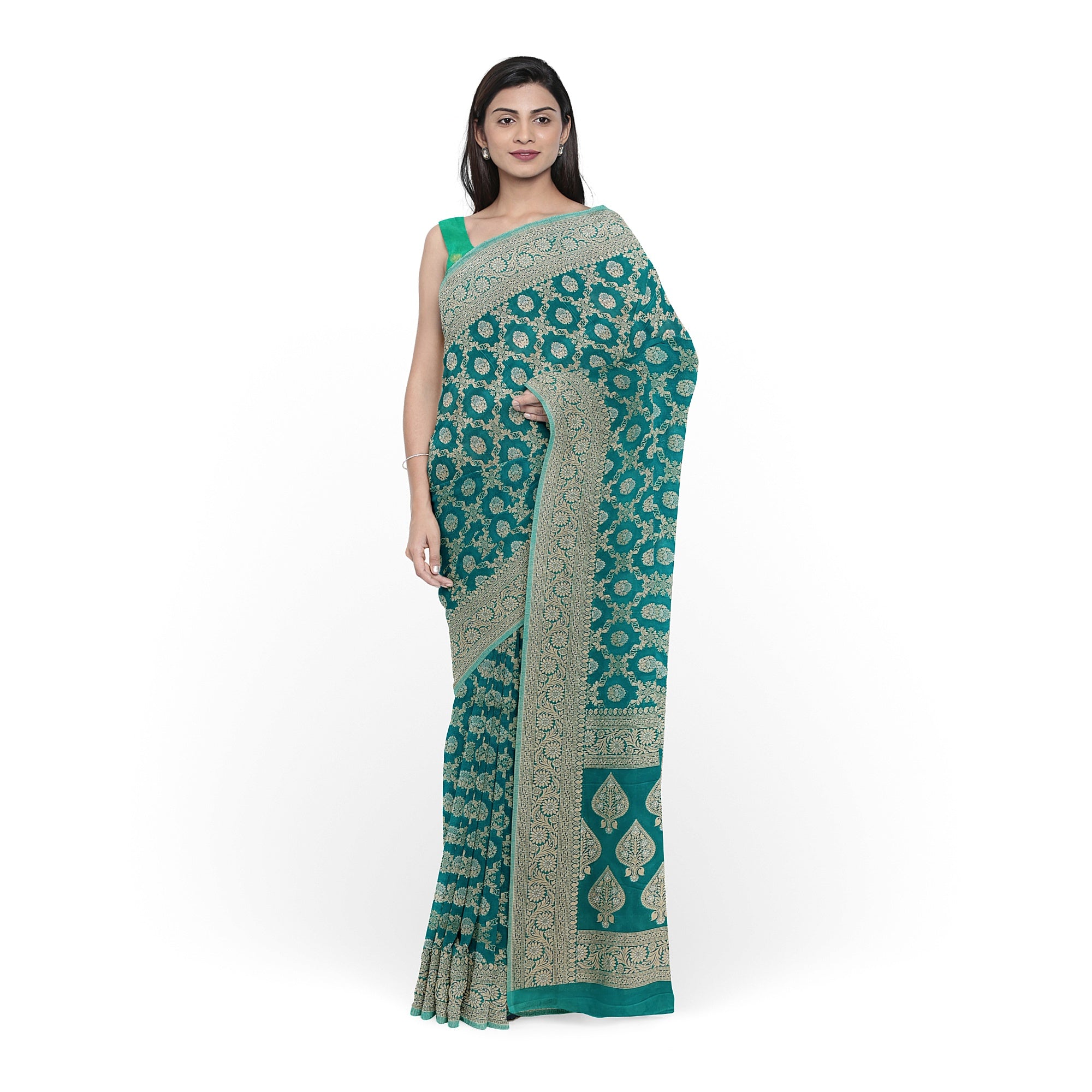 Rama Green Semi Georgette Silk Saree with Zari Border – Elegant Lightweight Saree for Festive Wear Online - New Sudarshan Silks`