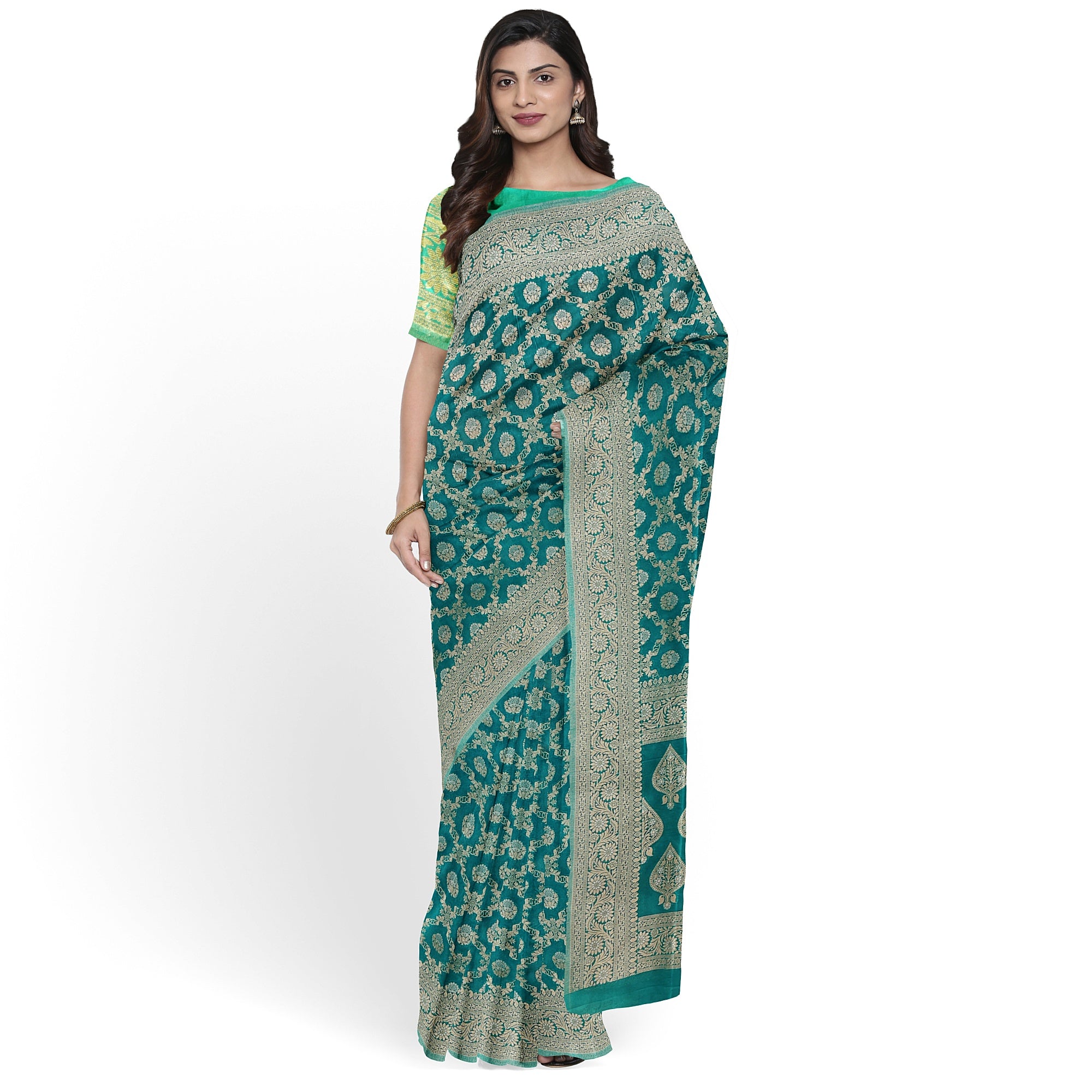 Rama Green Semi Georgette Silk Saree with Zari Border – Elegant Lightweight Saree for Festive Wear Online - New Sudarshan Silks`