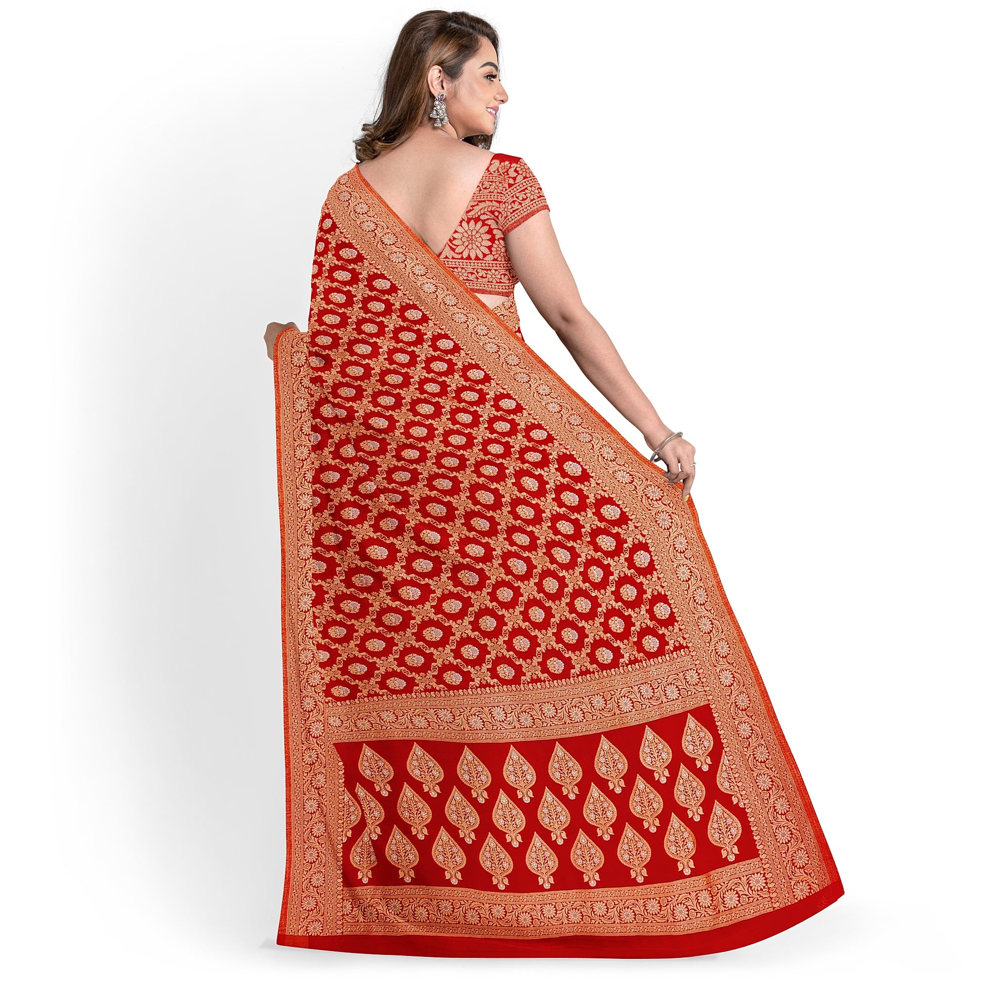 Red Semi Georgette Silk Saree with Zari Work – Festive Elegance in a Lightweight Drape Online - New Sudarshan Silks`