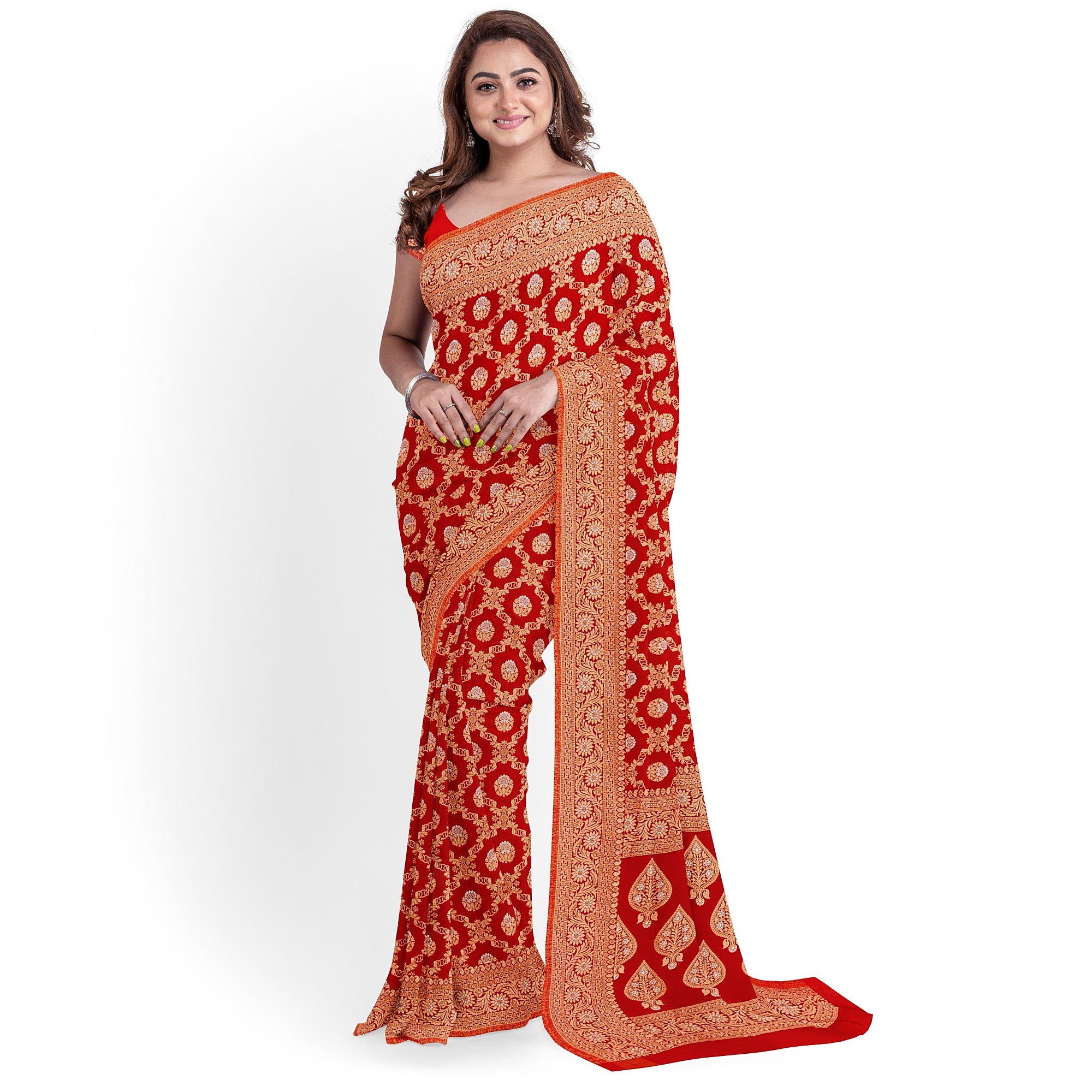 Red Semi Georgette Silk Saree with Zari Work – Festive Elegance in a Lightweight Drape Online - New Sudarshan Silks`