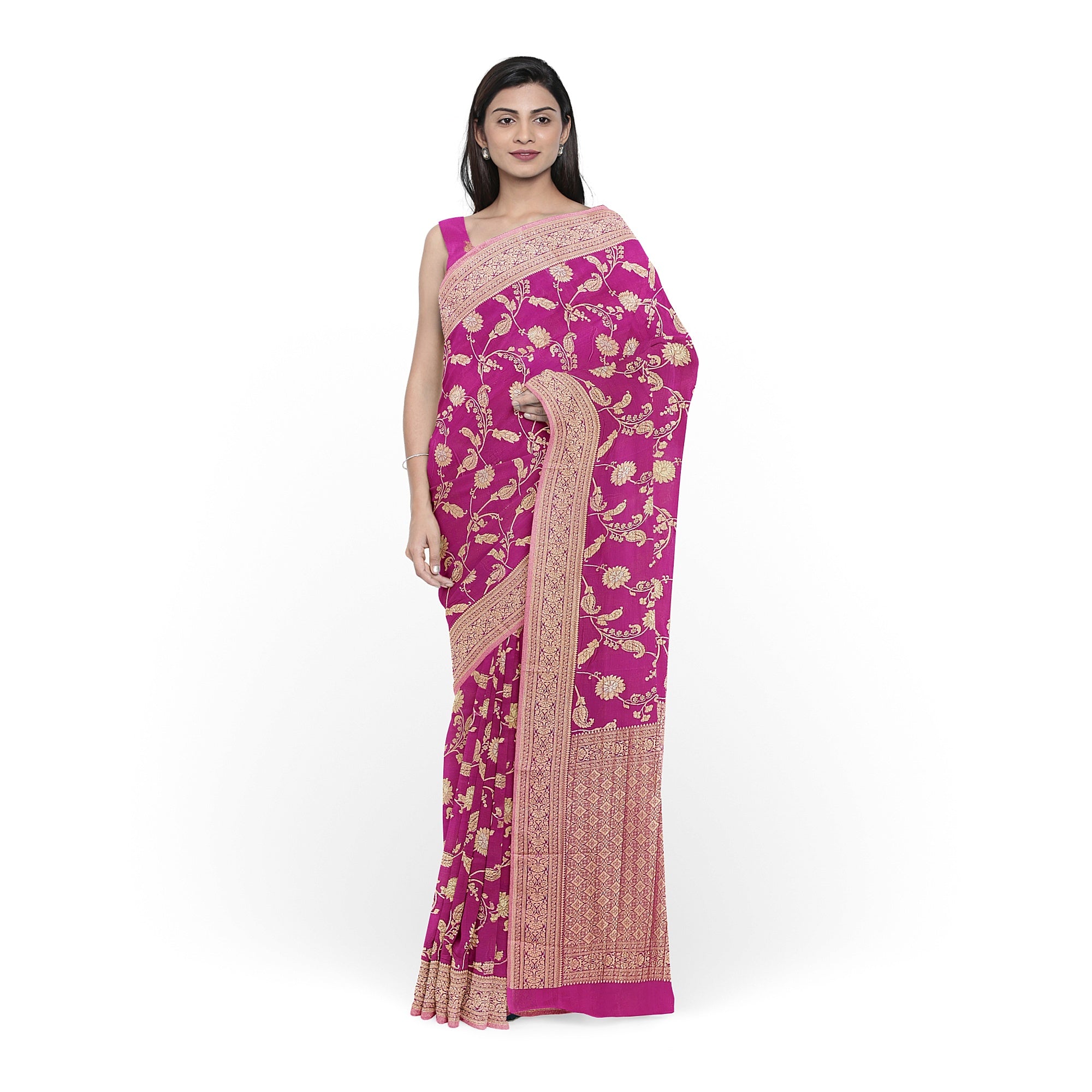 Onion Shade Semi Georgette Silk Saree with Zari Accents – Lightweight Festive Saree Online - New Sudarshan Silks`