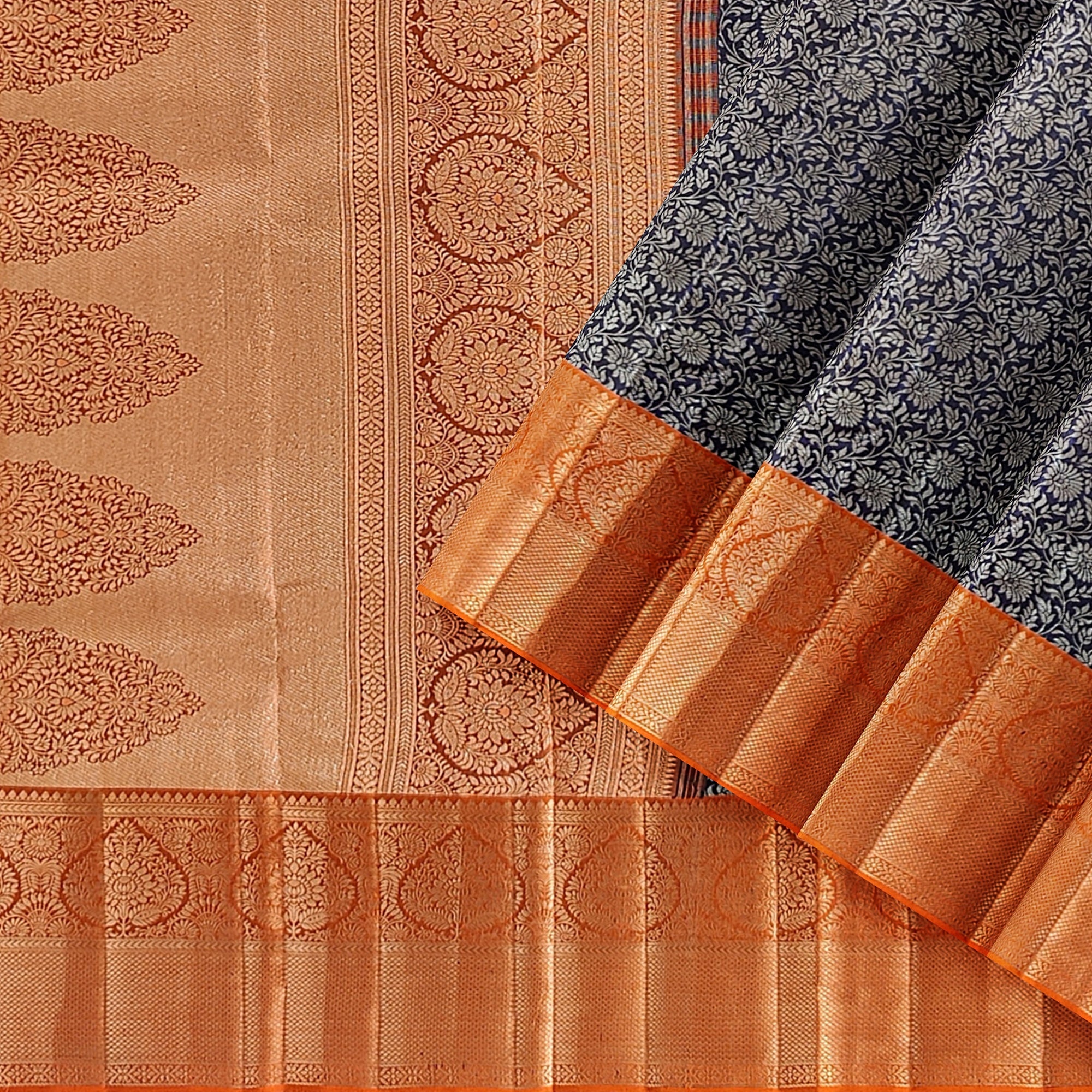 Navy Blue Kanjivaram Silk Saree with Dark Peach Zari Border – Elegant Handloom Wedding Saree Online - New Sudarshan Silks`