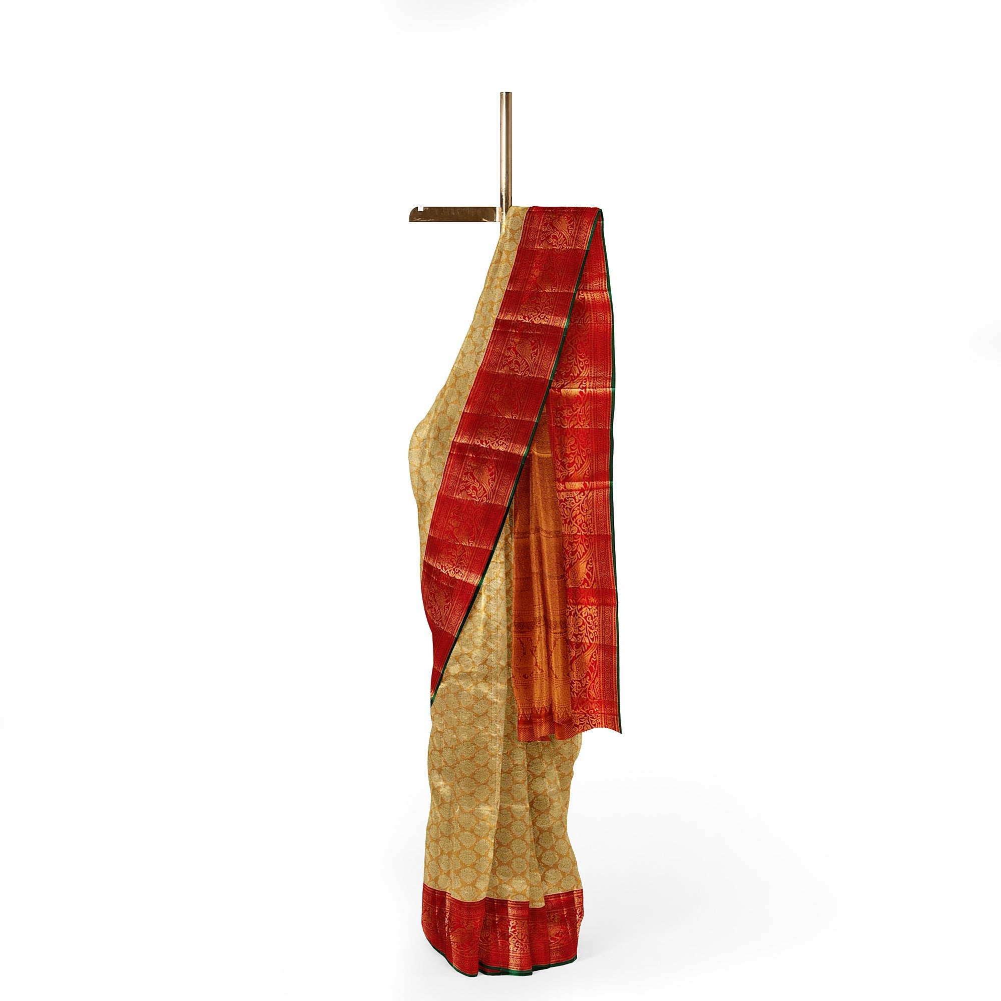 Gold Tissue Kanjivaram Silk Saree with Red Zari Border – Pure Handloom Bridal Saree Online - New Sudarshan Silks`