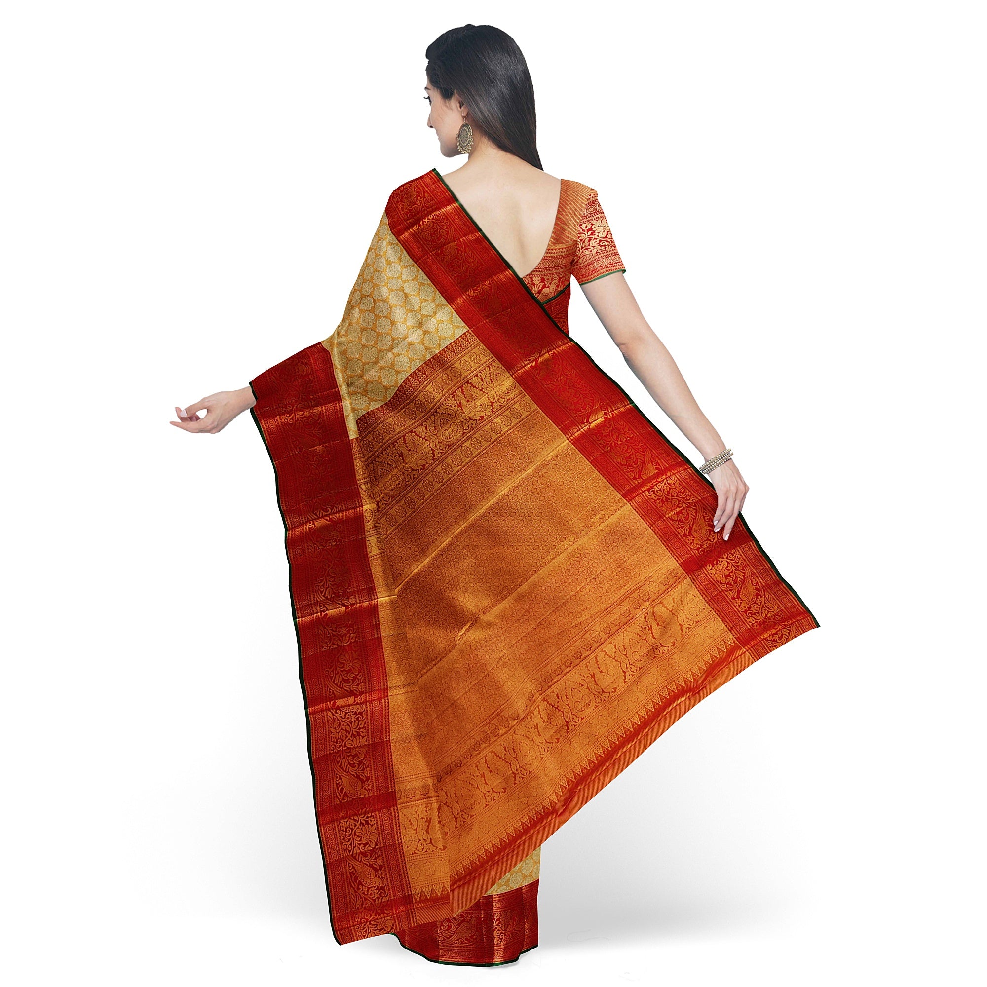 Gold Tissue Kanjivaram Silk Saree with Red Zari Border – Pure Handloom Bridal Saree Online - New Sudarshan Silks`
