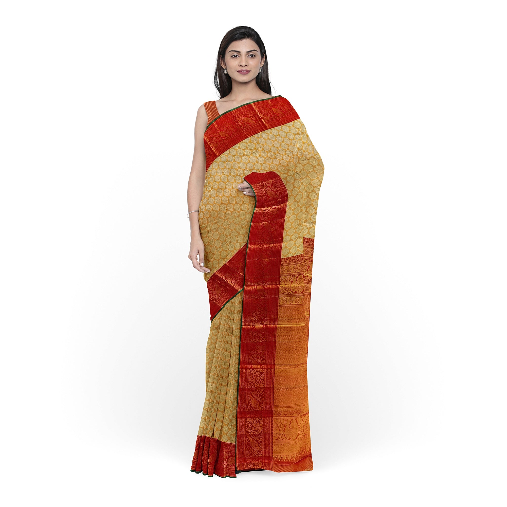 Gold Tissue Kanjivaram Silk Saree with Red Zari Border – Pure Handloom Bridal Saree Online - New Sudarshan Silks`