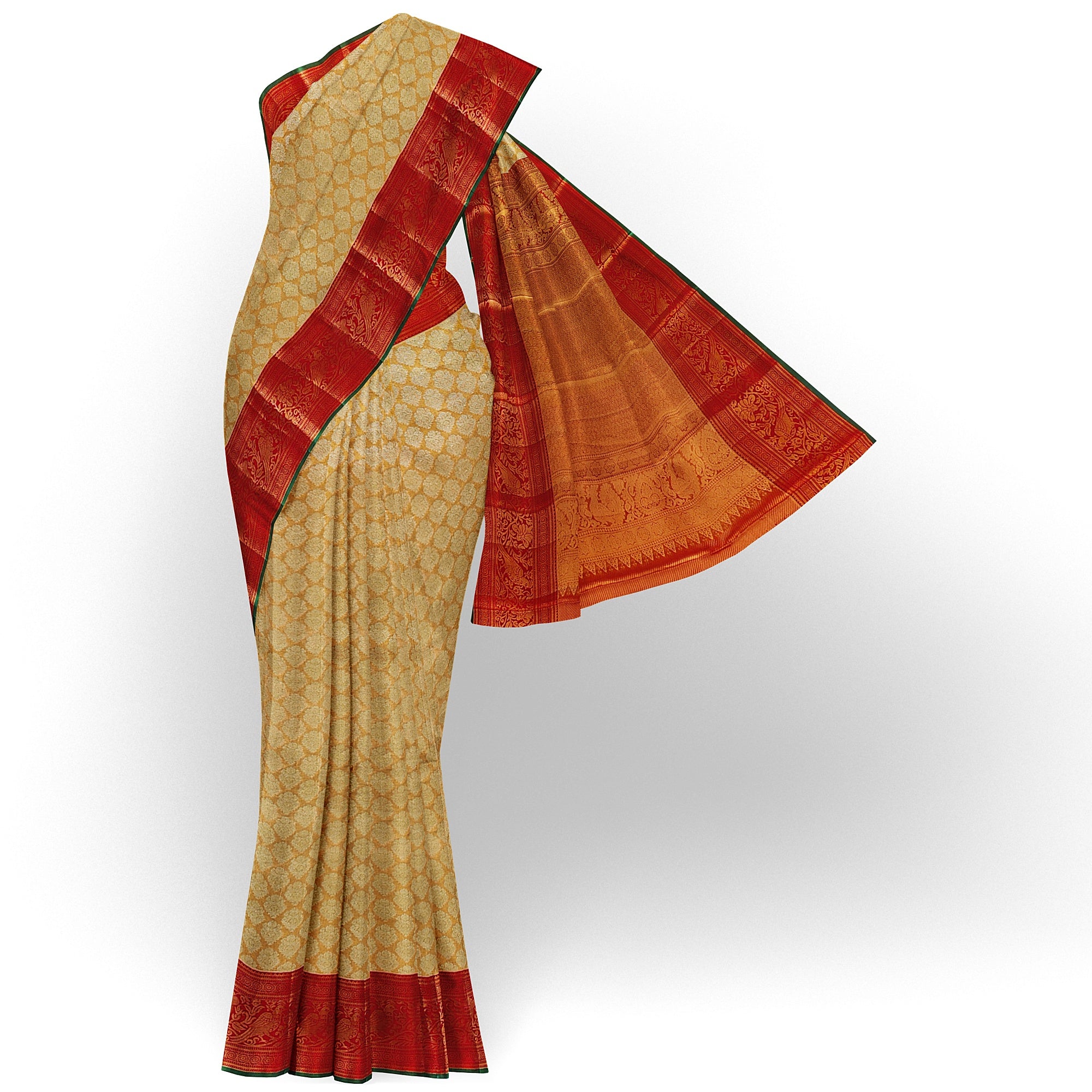 Gold Tissue Kanjivaram Silk Saree with Red Zari Border – Pure Handloom Bridal Saree Online - New Sudarshan Silks`
