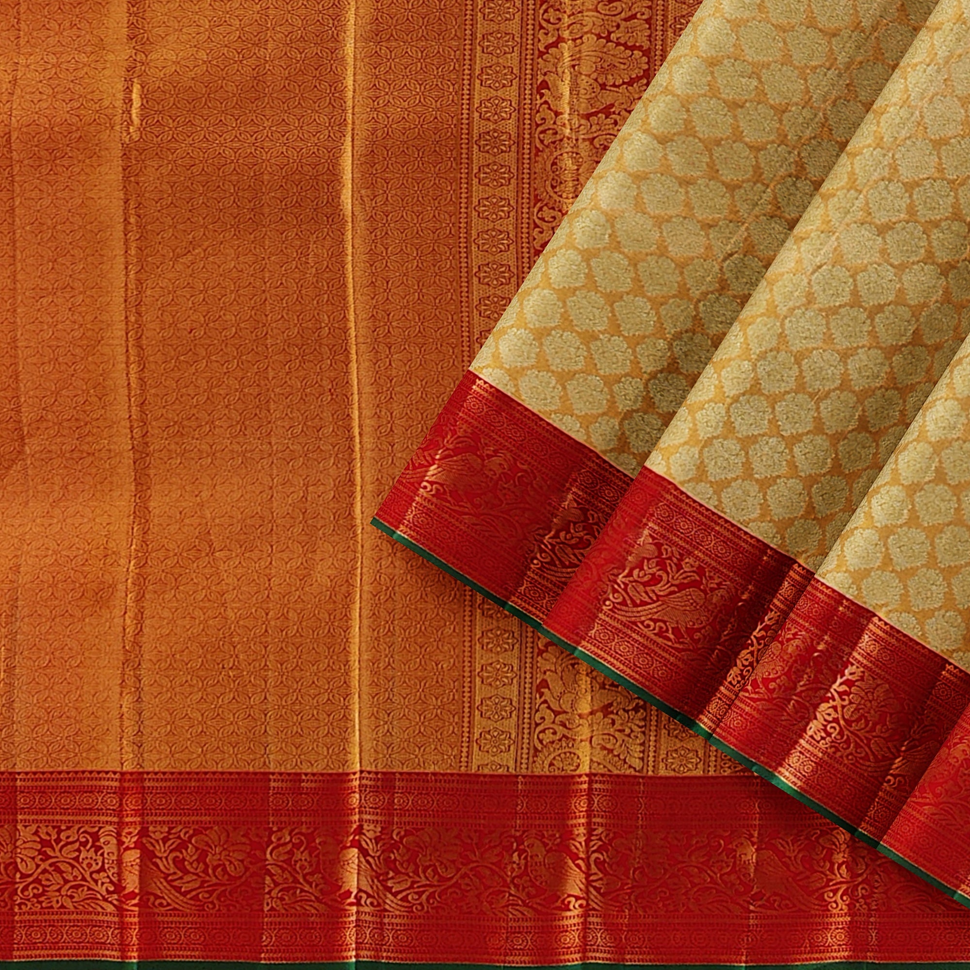 Gold Tissue Kanjivaram Silk Saree with Red Zari Border – Pure Handloom Bridal Saree Online - New Sudarshan Silks`