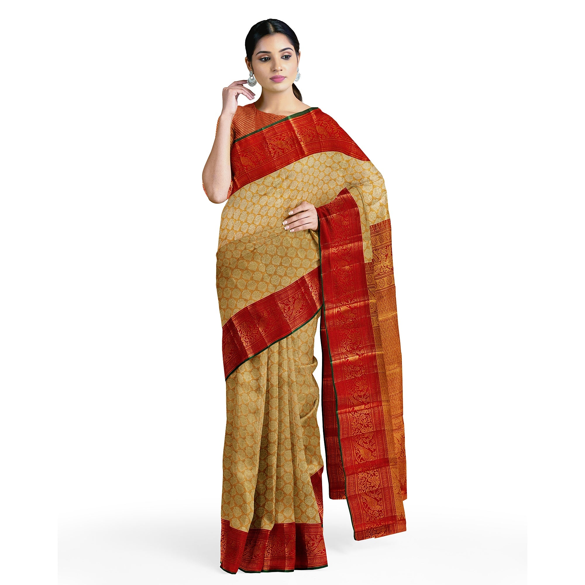 Gold Tissue Kanjivaram Silk Saree with Red Zari Border – Pure Handloom Bridal Saree Online - New Sudarshan Silks`