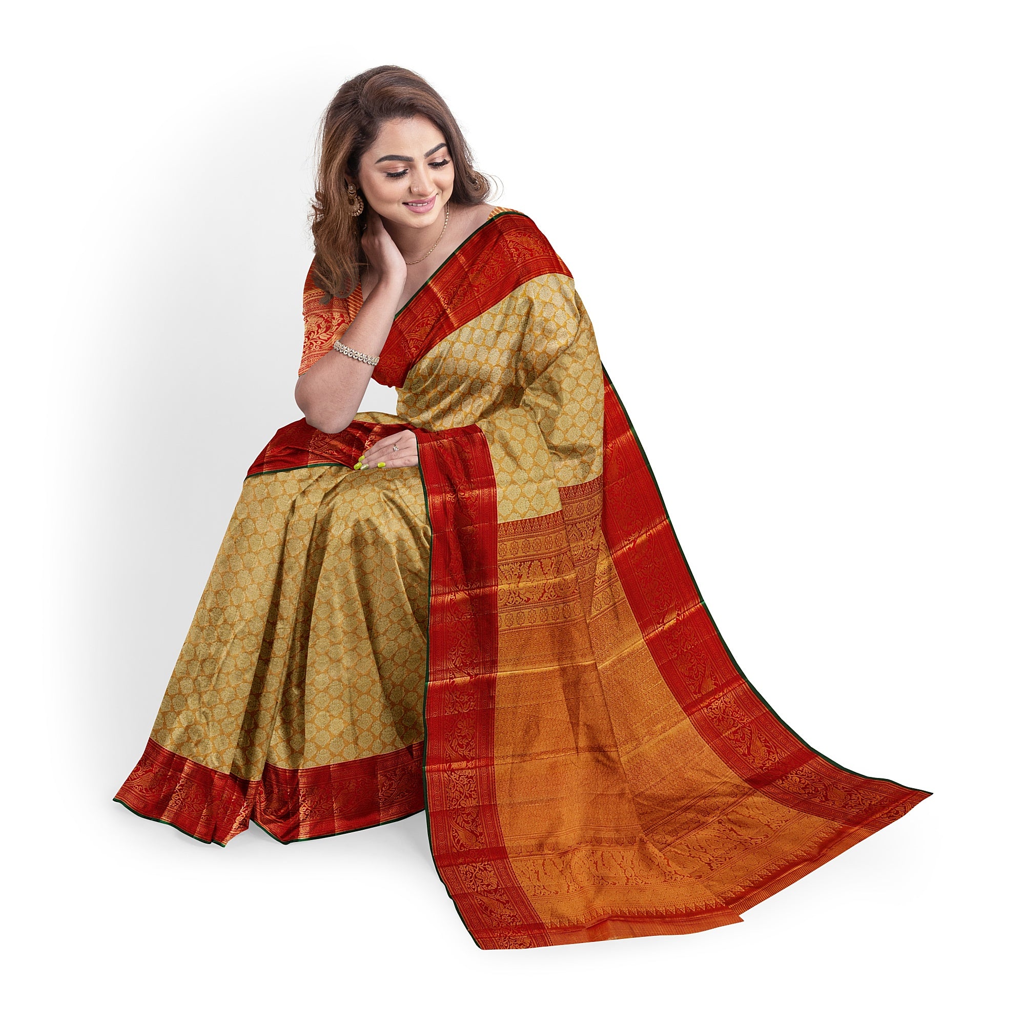 Gold Tissue Kanjivaram Silk Saree with Red Zari Border – Pure Handloom Bridal Saree Online - New Sudarshan Silks`