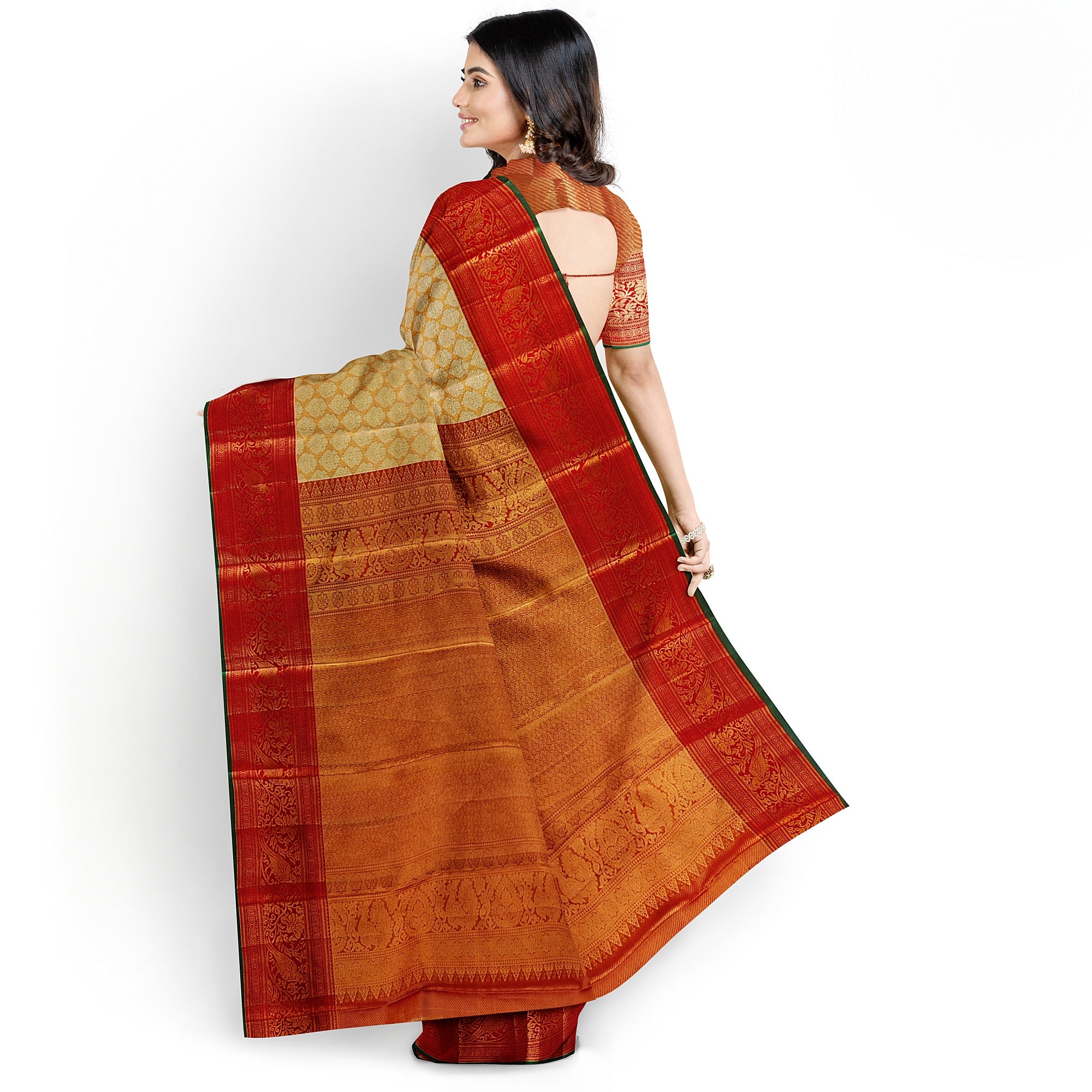 Gold Tissue Kanjivaram Silk Saree with Red Zari Border – Pure Handloom Bridal Saree Online - New Sudarshan Silks`