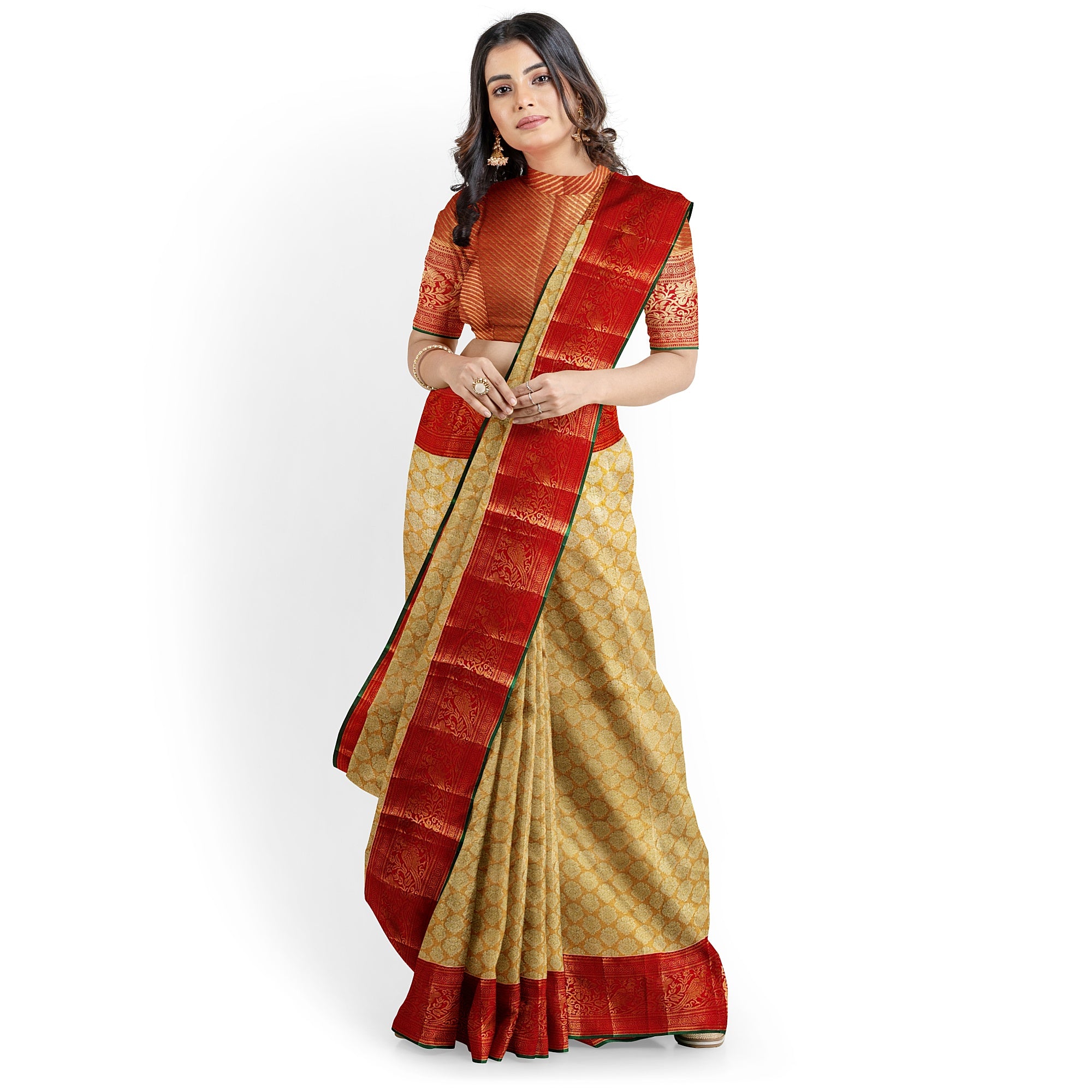 Gold Tissue Kanjivaram Silk Saree with Red Zari Border – Pure Handloom Bridal Saree Online - New Sudarshan Silks`