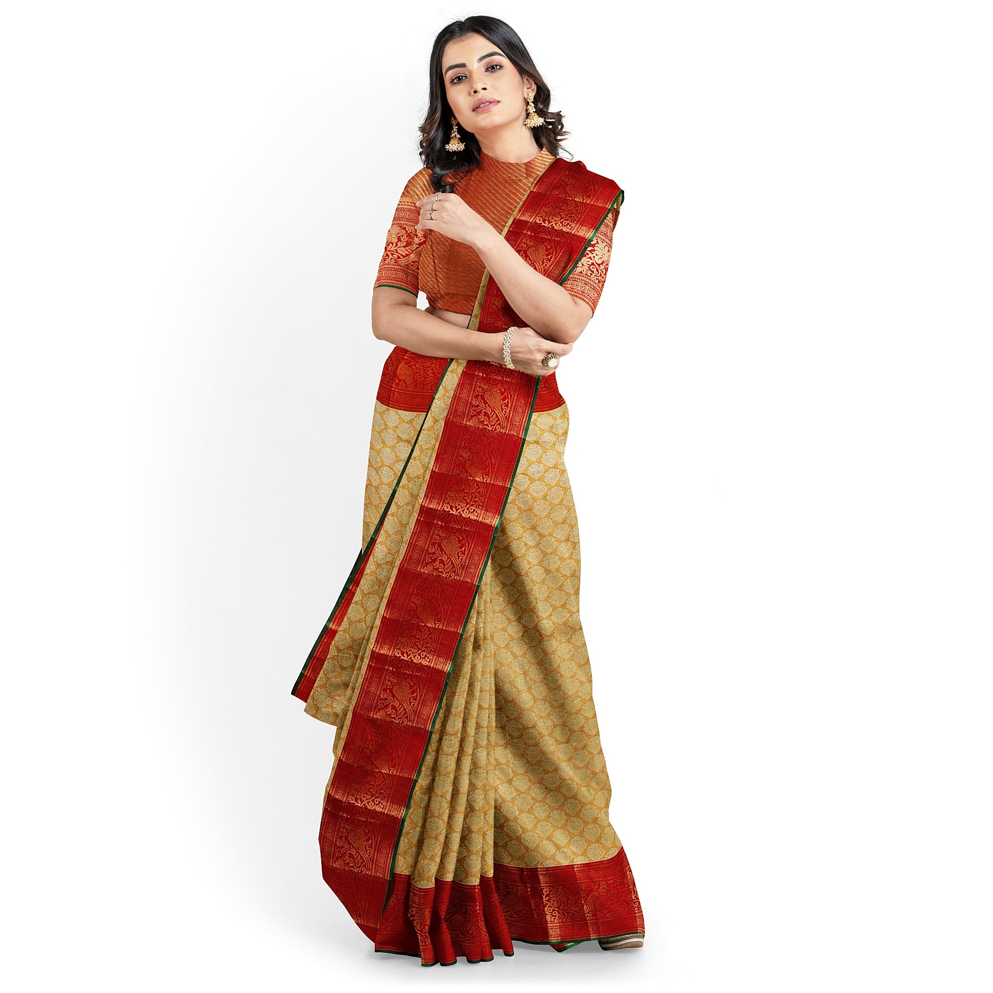 Gold Tissue Kanjivaram Silk Saree with Red Zari Border – Pure Handloom Bridal Saree Online - New Sudarshan Silks`