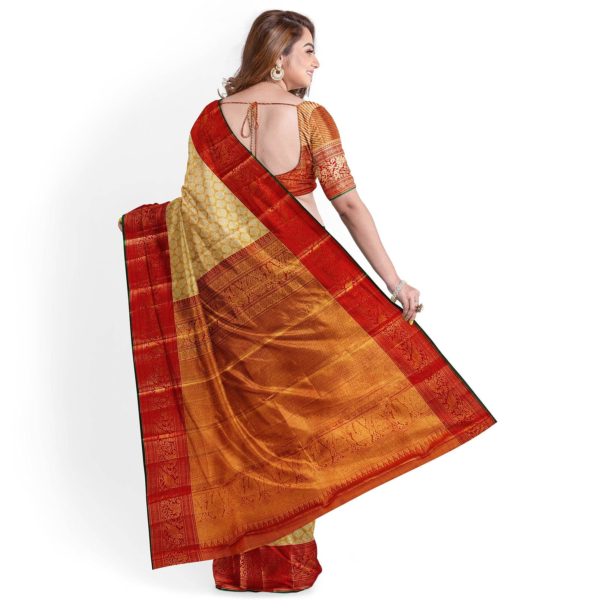 Gold Tissue Kanjivaram Silk Saree with Red Zari Border – Pure Handloom Bridal Saree Online - New Sudarshan Silks`