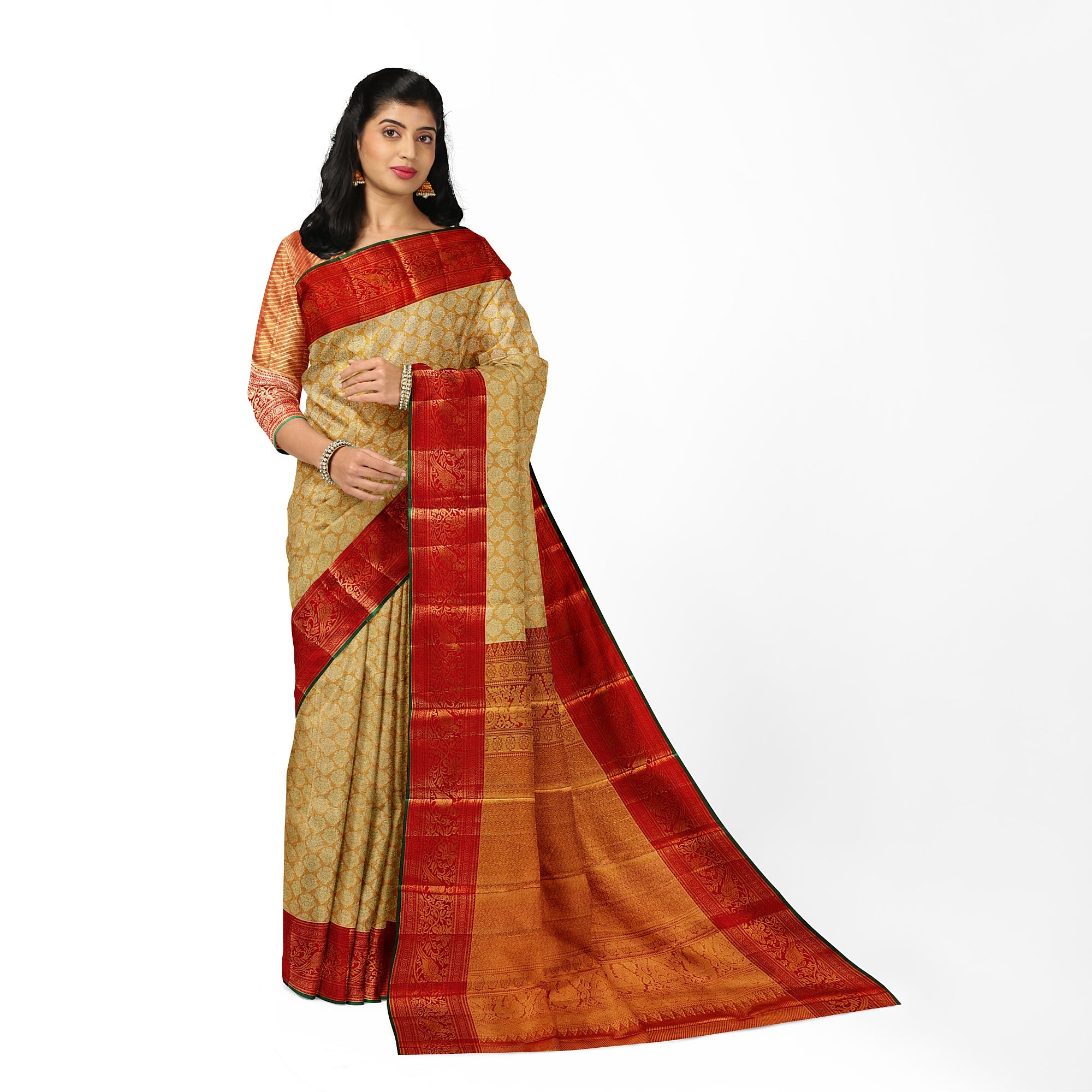Gold Tissue Kanjivaram Silk Saree with Red Zari Border – Pure Handloom Bridal Saree Online - New Sudarshan Silks`