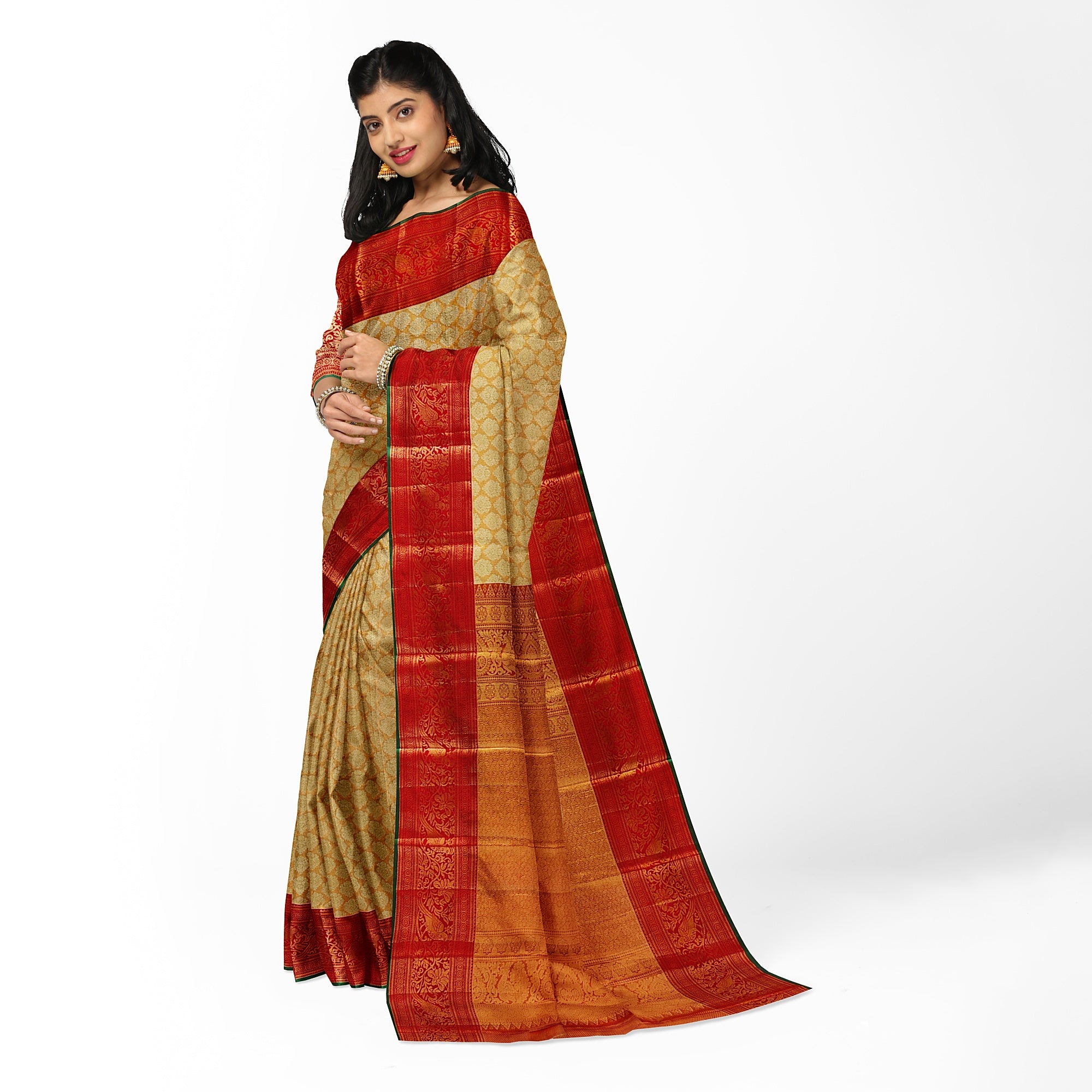 Gold Tissue Kanjivaram Silk Saree with Red Zari Border – Pure Handloom Bridal Saree Online - New Sudarshan Silks`