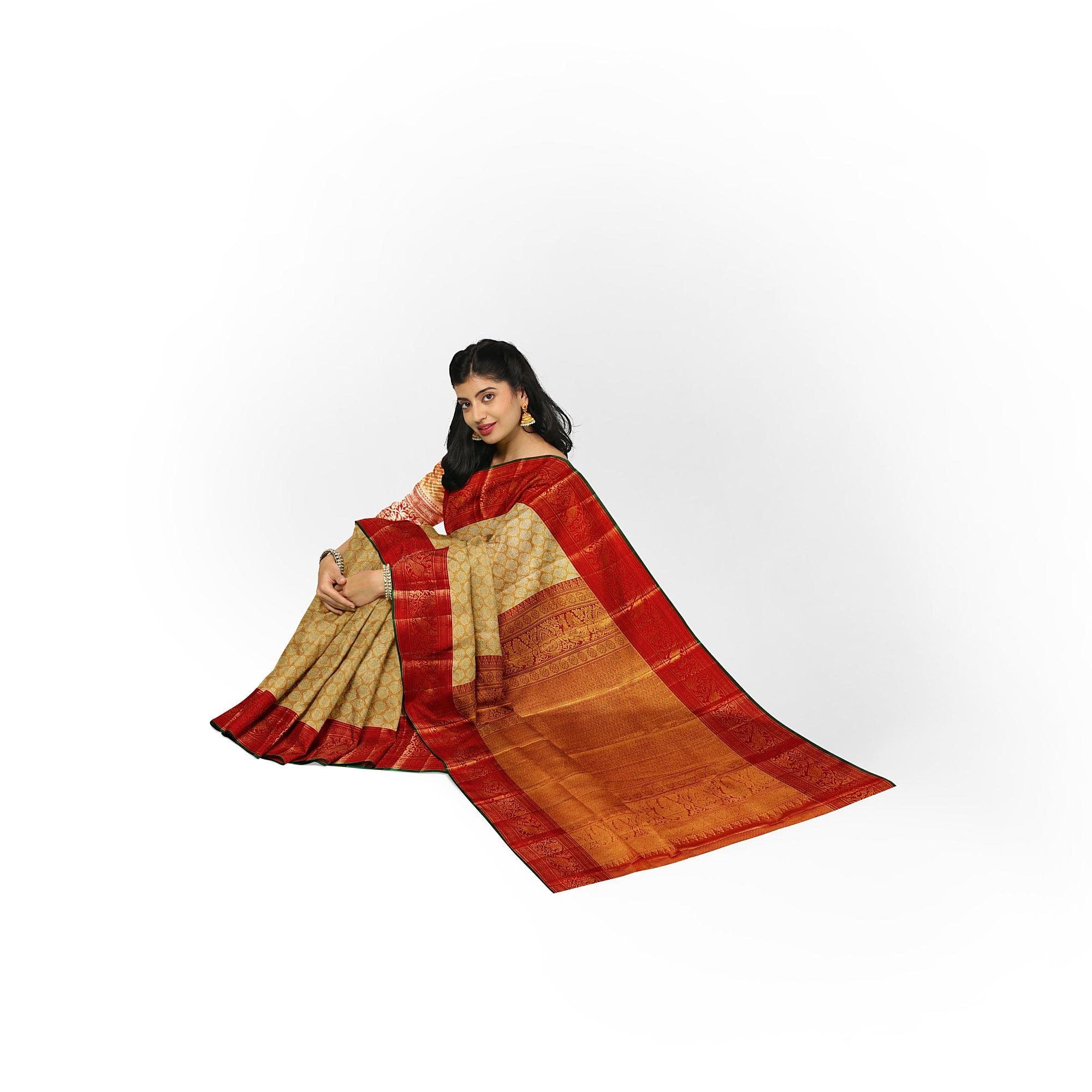 Gold Tissue Kanjivaram Silk Saree with Red Zari Border – Pure Handloom Bridal Saree Online - New Sudarshan Silks`