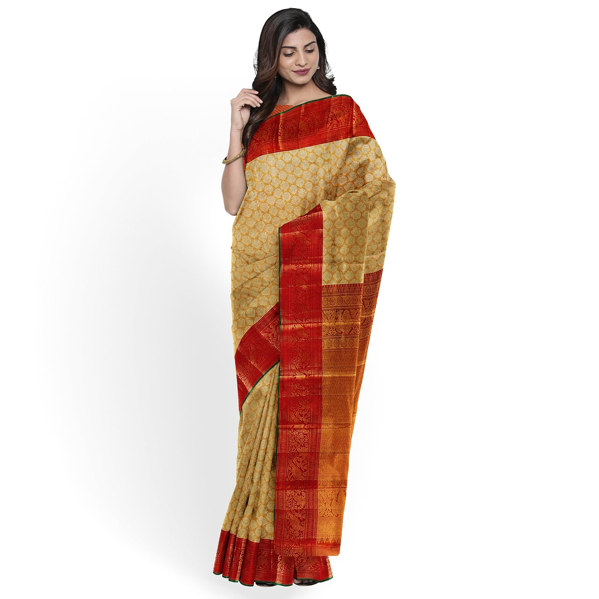 Gold Tissue Kanjivaram Silk Saree with Red Zari Border – Pure Handloom Bridal Saree Online - New Sudarshan Silks`