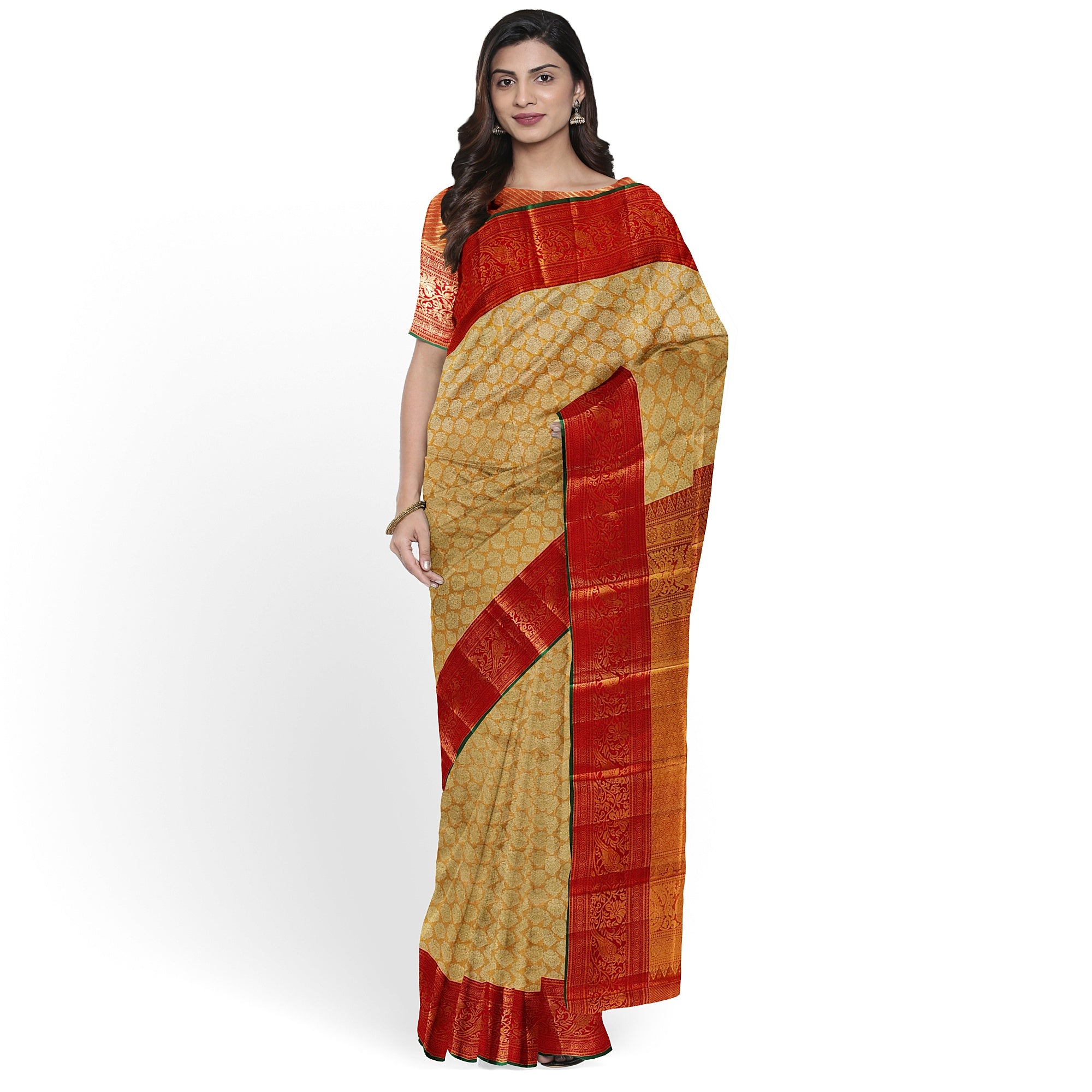 Gold Tissue Kanjivaram Silk Saree with Red Zari Border – Pure Handloom Bridal Saree Online - New Sudarshan Silks`