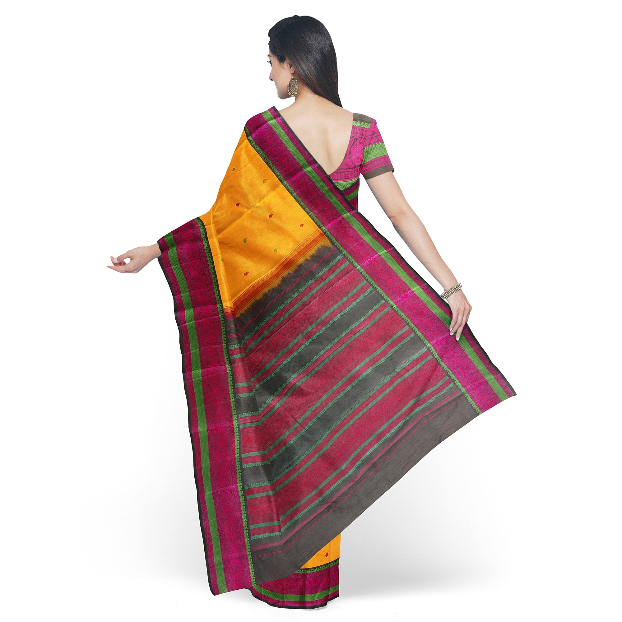 Yellow Kanjivaram Silk Saree with Black Zari Border – Pure Handloom Bridal Saree Online - New Sudarshan Silks`
