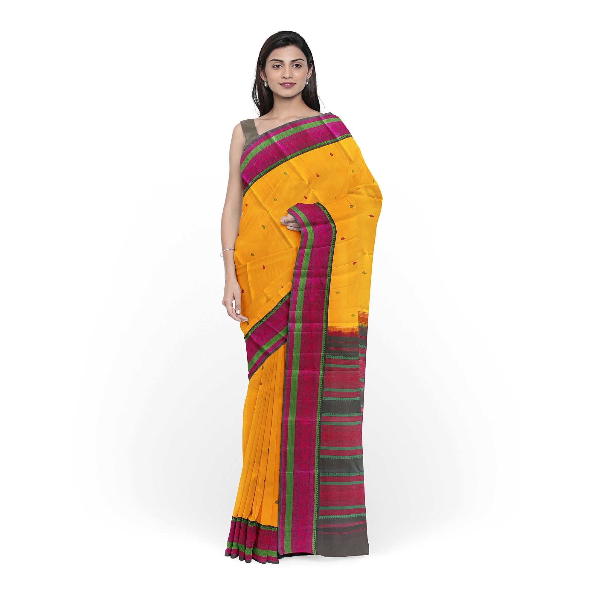 Yellow Kanjivaram Silk Saree with Black Zari Border – Pure Handloom Bridal Saree Online - New Sudarshan Silks`