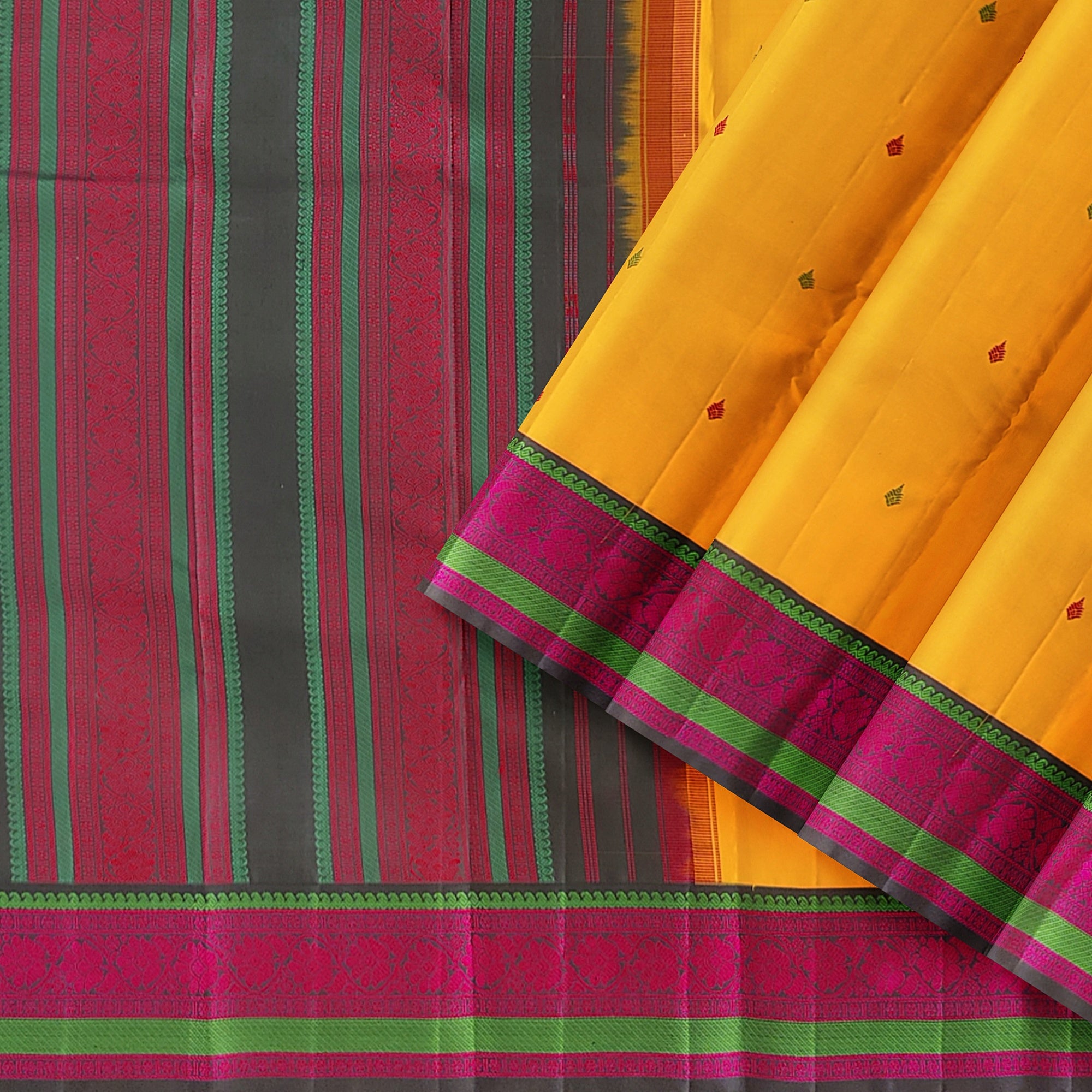 Yellow Kanjivaram Silk Saree with Black Zari Border – Pure Handloom Bridal Saree Online - New Sudarshan Silks`