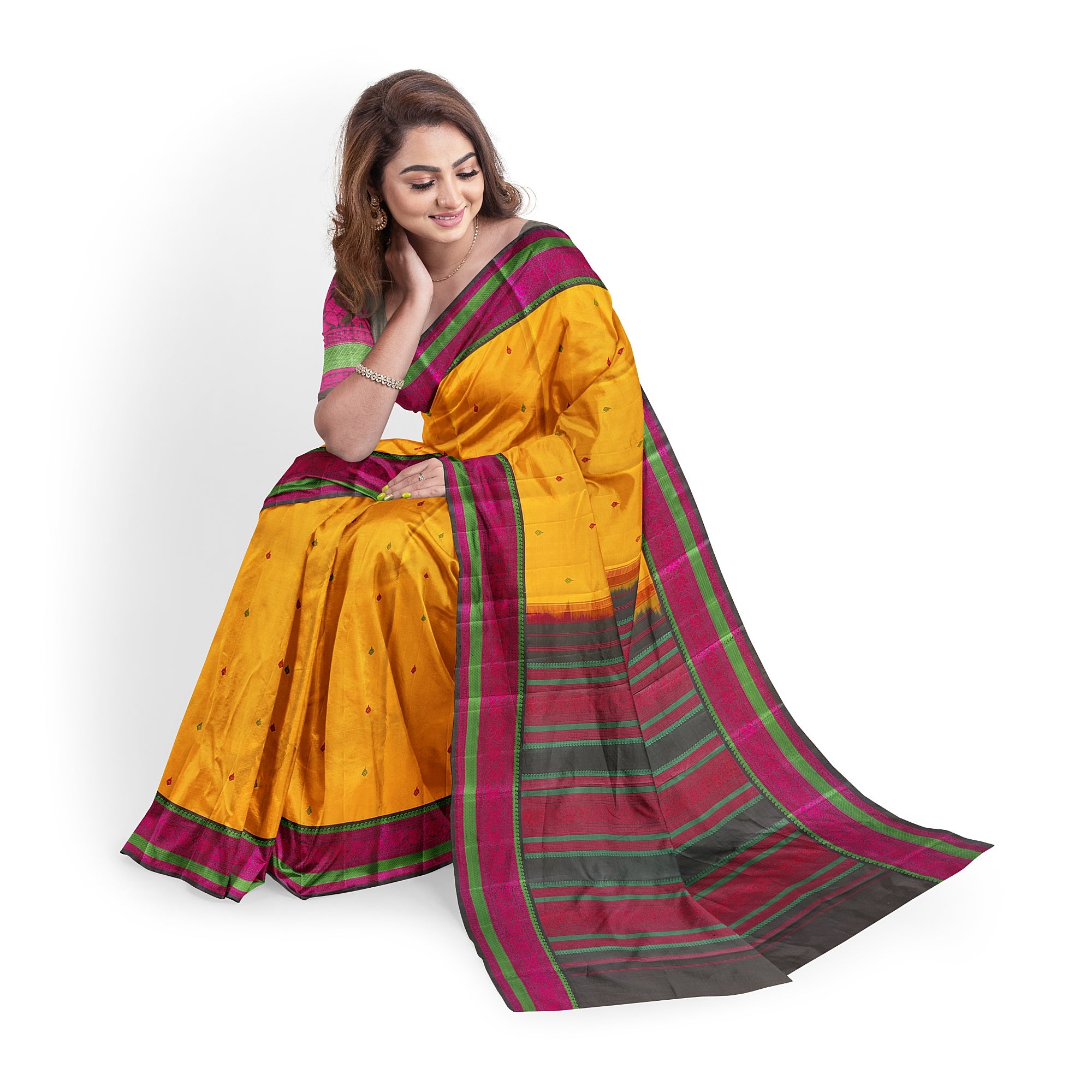 Yellow Kanjivaram Silk Saree with Black Zari Border – Pure Handloom Bridal Saree Online - New Sudarshan Silks`