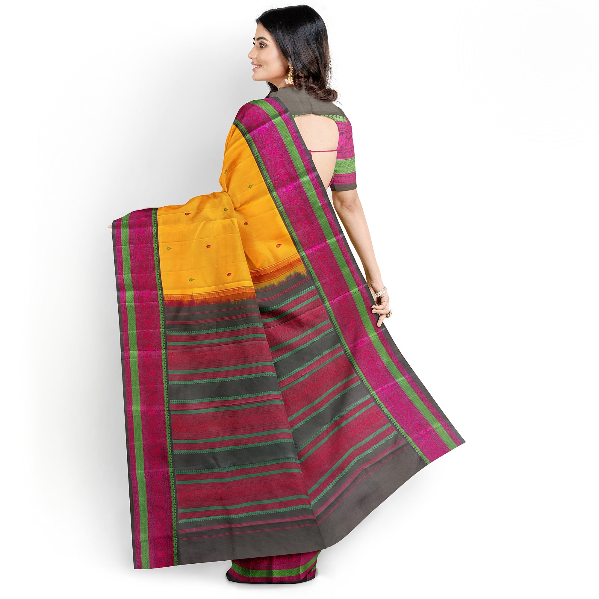 Yellow Kanjivaram Silk Saree with Black Zari Border – Pure Handloom Bridal Saree Online - New Sudarshan Silks`