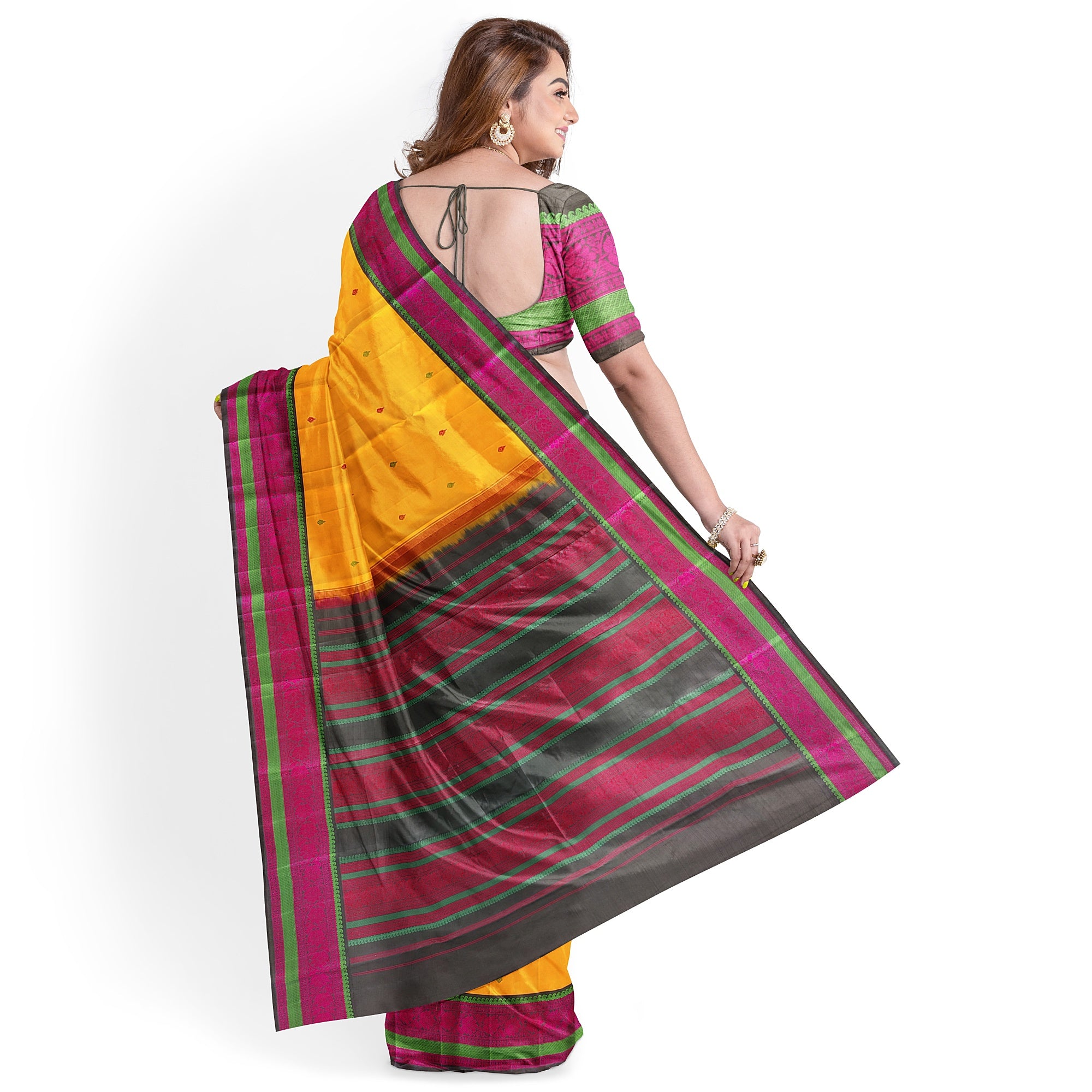 Yellow Kanjivaram Silk Saree with Black Zari Border – Pure Handloom Bridal Saree Online - New Sudarshan Silks`