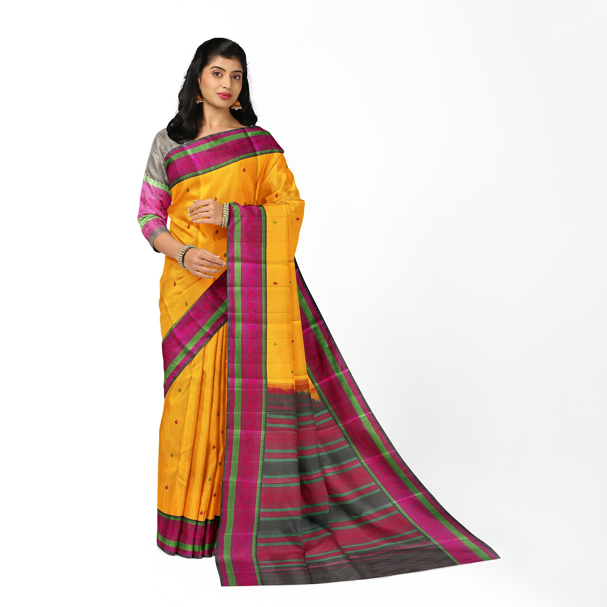 Yellow Kanjivaram Silk Saree with Black Zari Border – Pure Handloom Bridal Saree Online - New Sudarshan Silks`