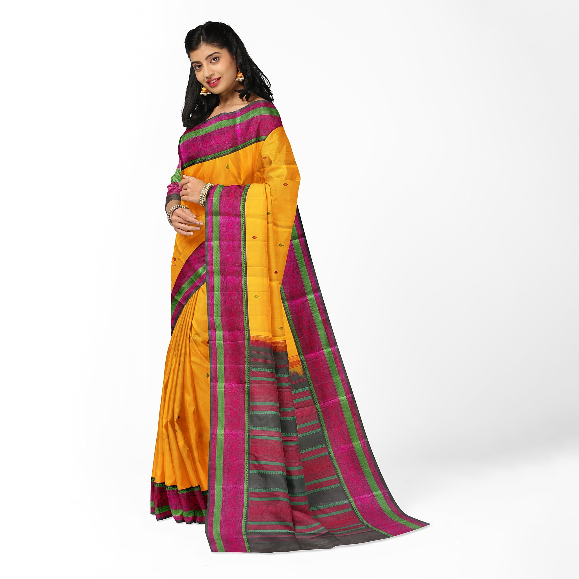 Yellow Kanjivaram Silk Saree with Black Zari Border – Pure Handloom Bridal Saree Online - New Sudarshan Silks`