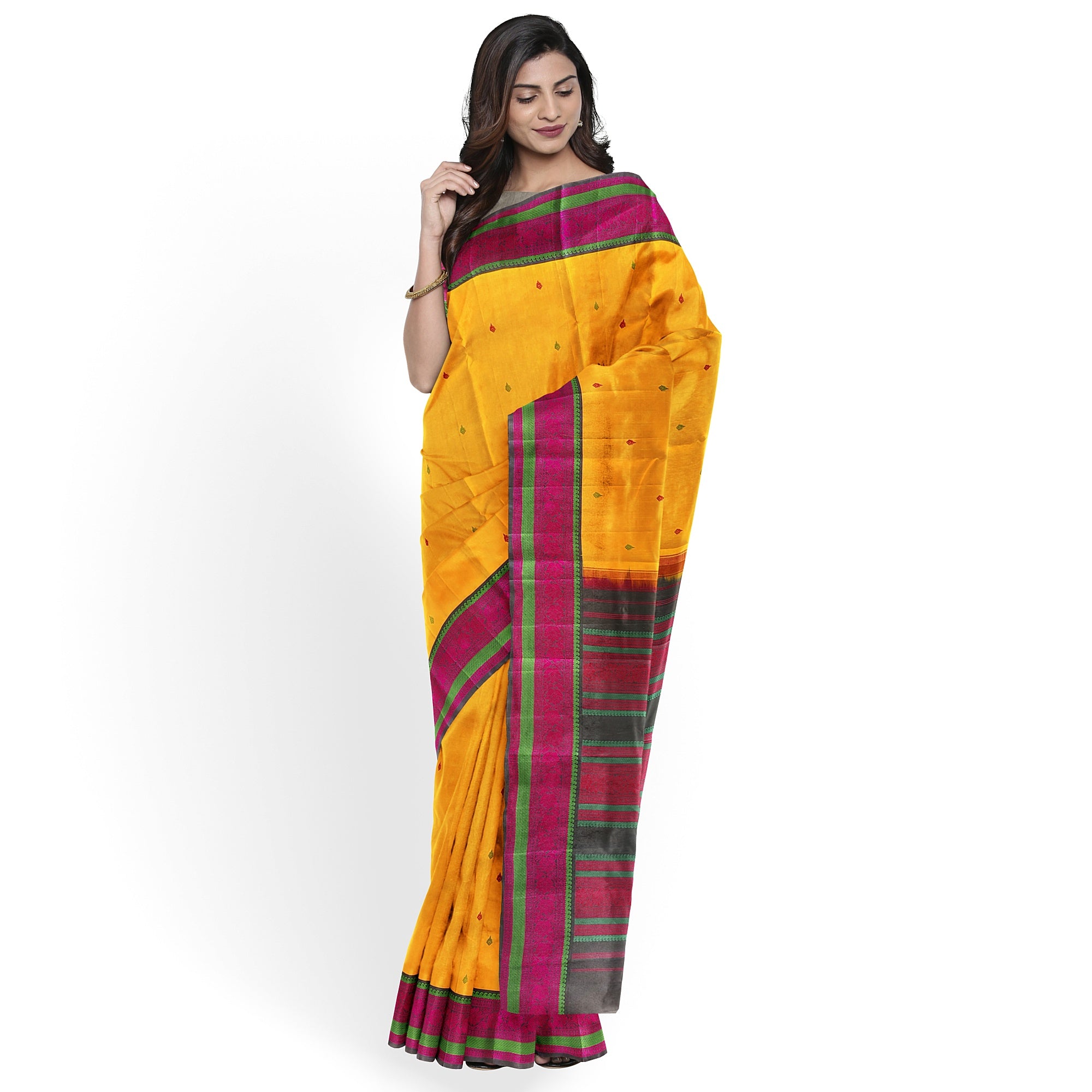Yellow Kanjivaram Silk Saree with Black Zari Border – Pure Handloom Bridal Saree Online - New Sudarshan Silks`