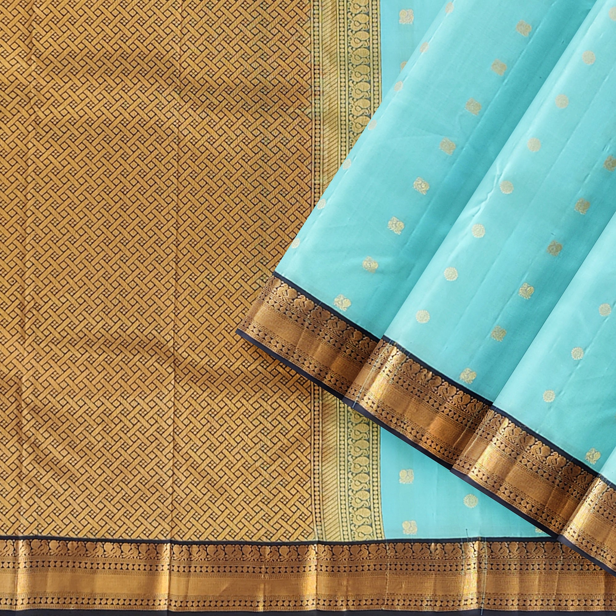 Sky Blue Kanjivaram Silk Saree with Black Peacock Zari Border – Elegant Handloom Saree for Weddings Online - New Sudarshan Silks`