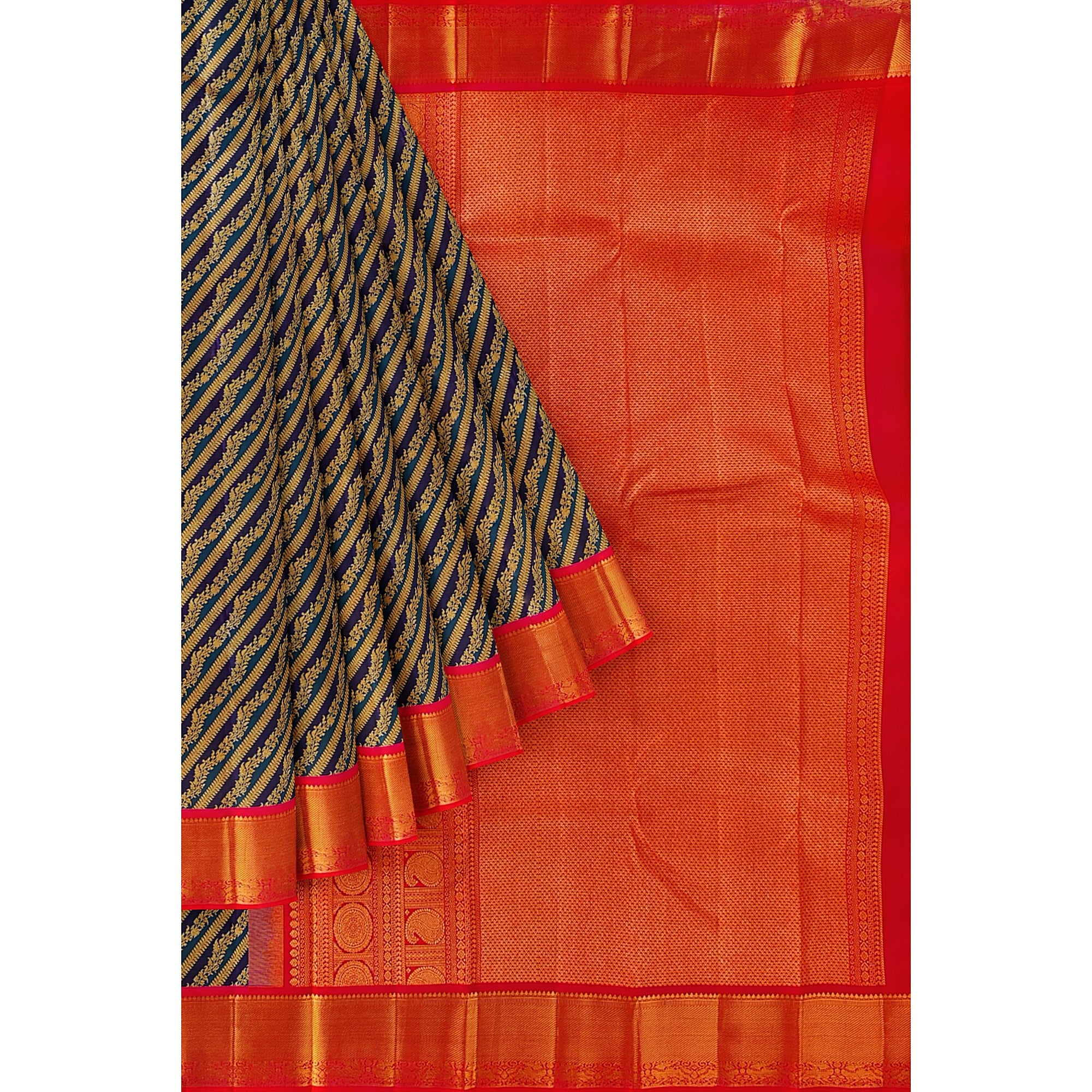 Peacock Blue Kanjivaram Silk Saree with Pink Zari Border – Pure Handloom Bridal Saree Online - New Sudarshan Silks`