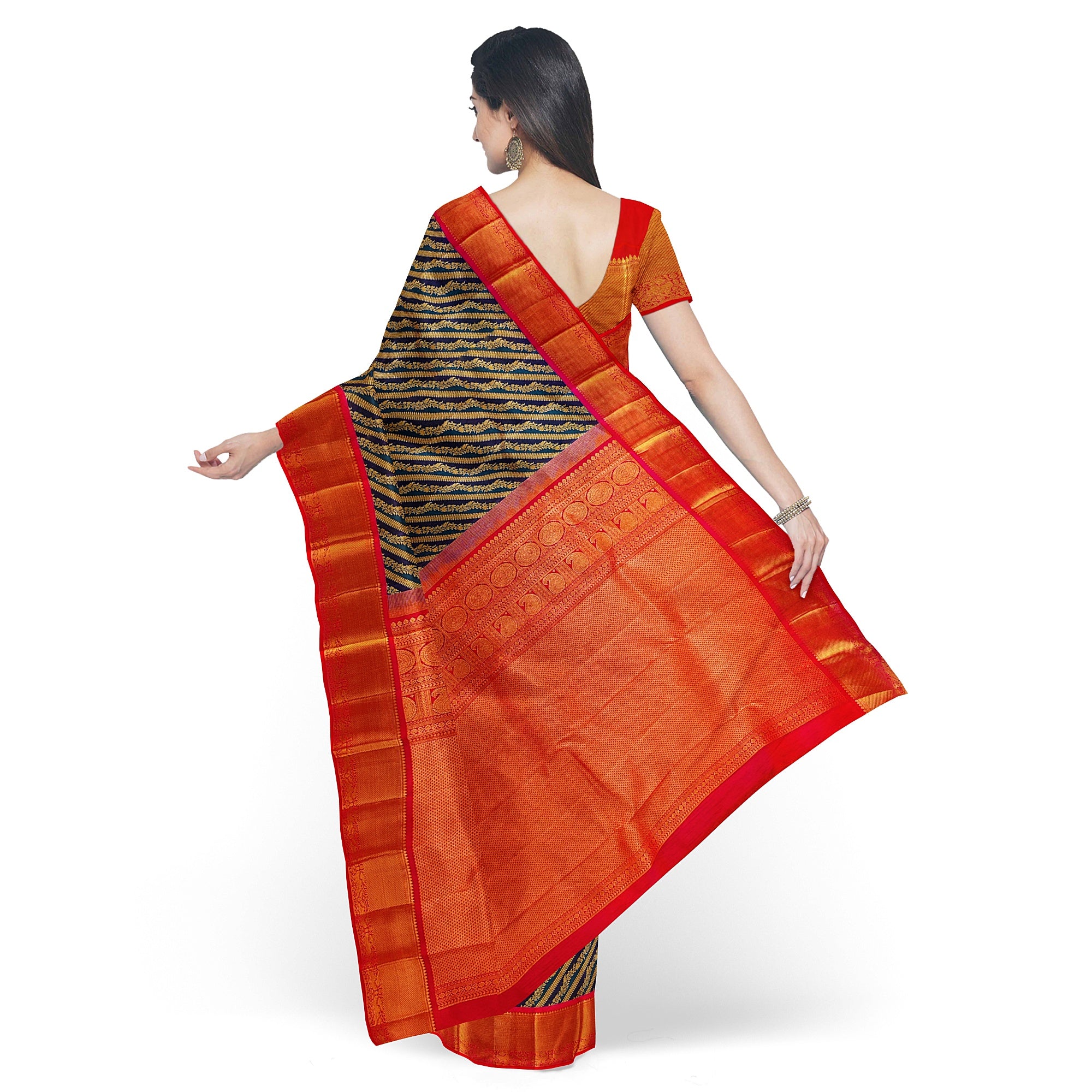 Peacock Blue Kanjivaram Silk Saree with Pink Zari Border – Pure Handloom Bridal Saree Online - New Sudarshan Silks`